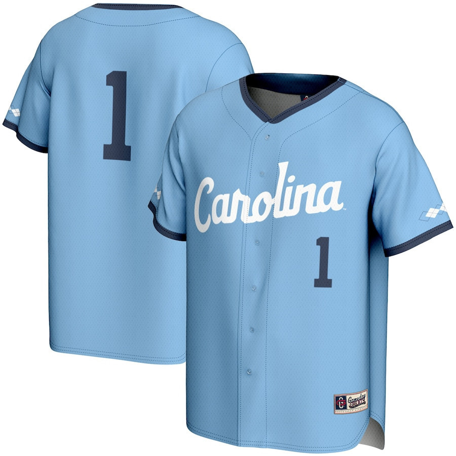 Drinkwearmerch #1 North Carolina Tar Heels Baseball Jersey - Carolina Blue with Navy