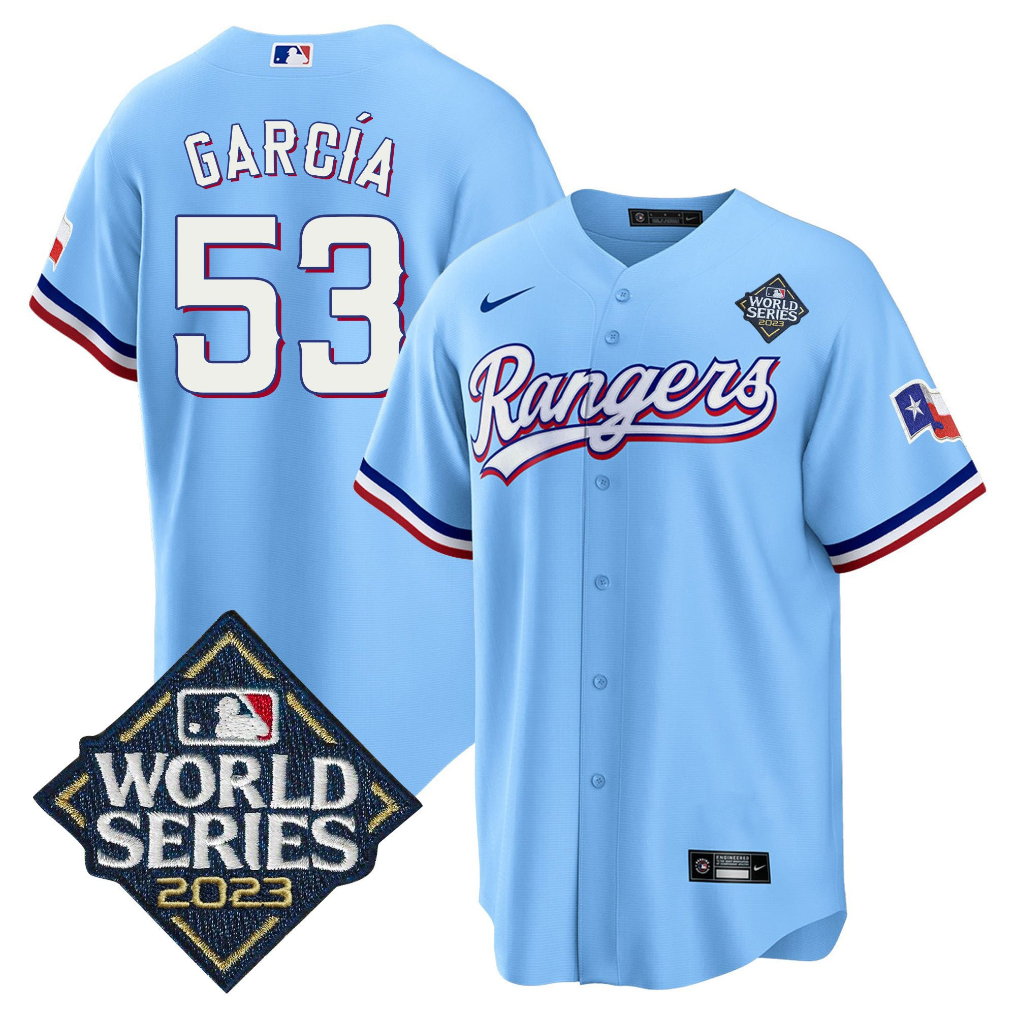 Drinkwearmerch Adolis García 53 Texas Rangers 2023 World Series Cool Base Stitched Baseball Jersey - Blue