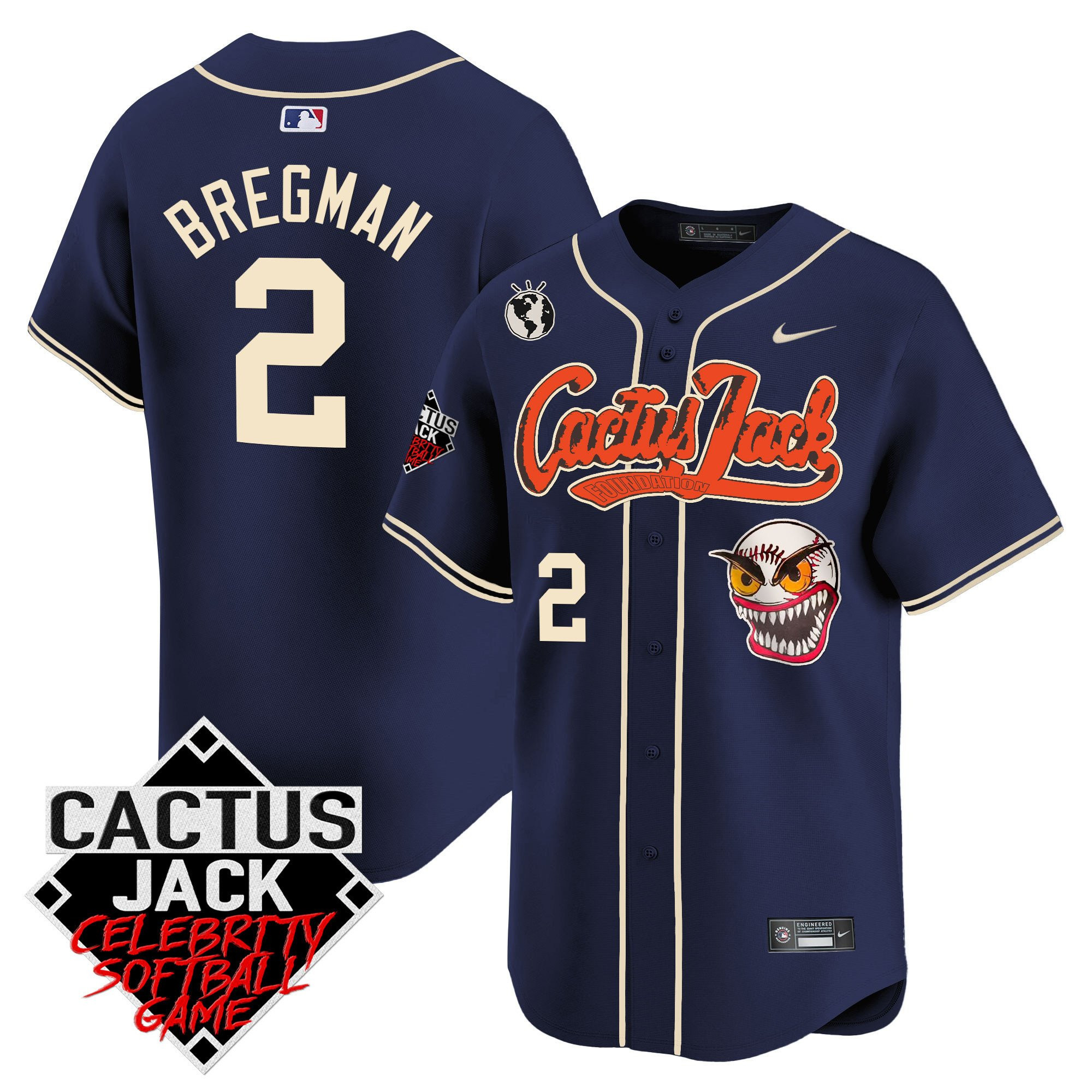 Drinkwearmerch Alex Bregman 2 Houston Astros Cactus Jack Celebrity Softball Game Patch Men Jersey - Navy