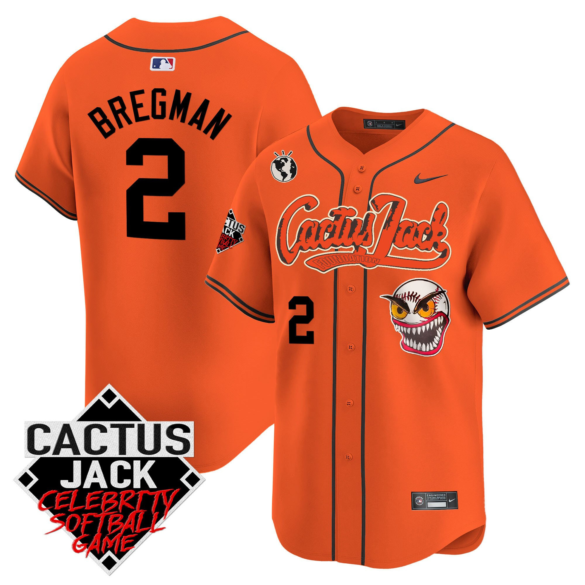 Drinkwearmerch Alex Bregman 2 Houston Astros Cactus Jack Celebrity Softball Game Patch Men Jersey - Orange