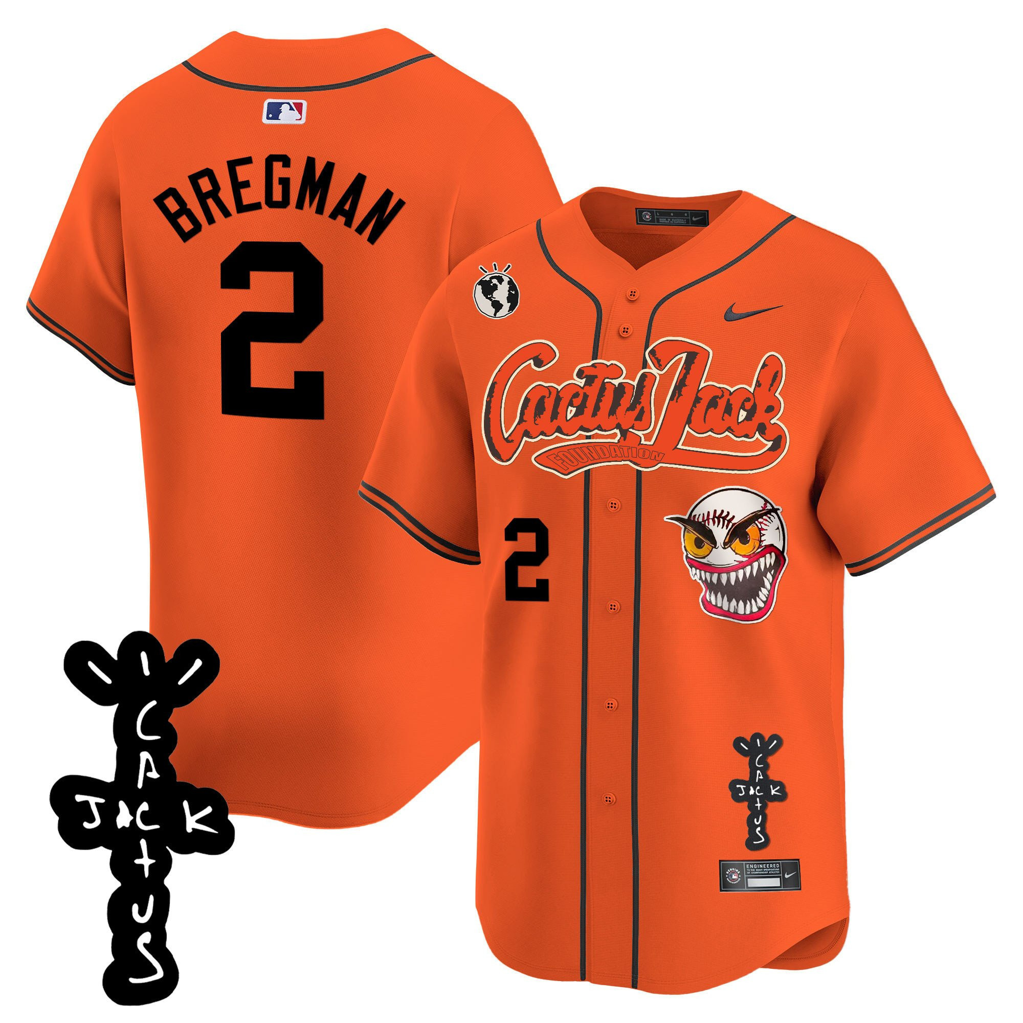 Drinkwearmerch Alex Bregman 2 Houston Astros Cactus Jack Patch V2 Men Jersey - Orange