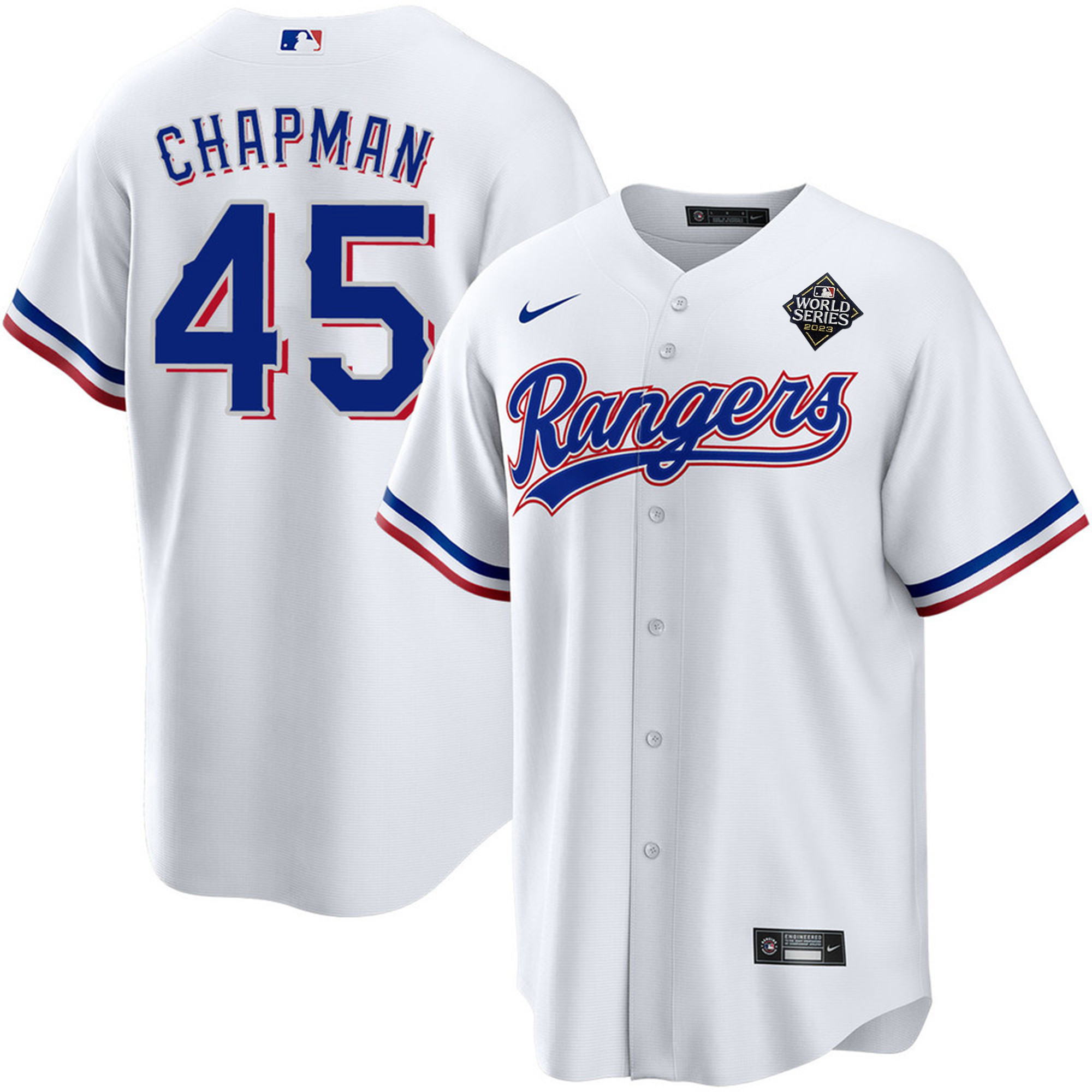 Drinkwearmerch Aroldis Chapman 45 Texas Rangers 2023 World Series Stitched Baseball Jersey - White