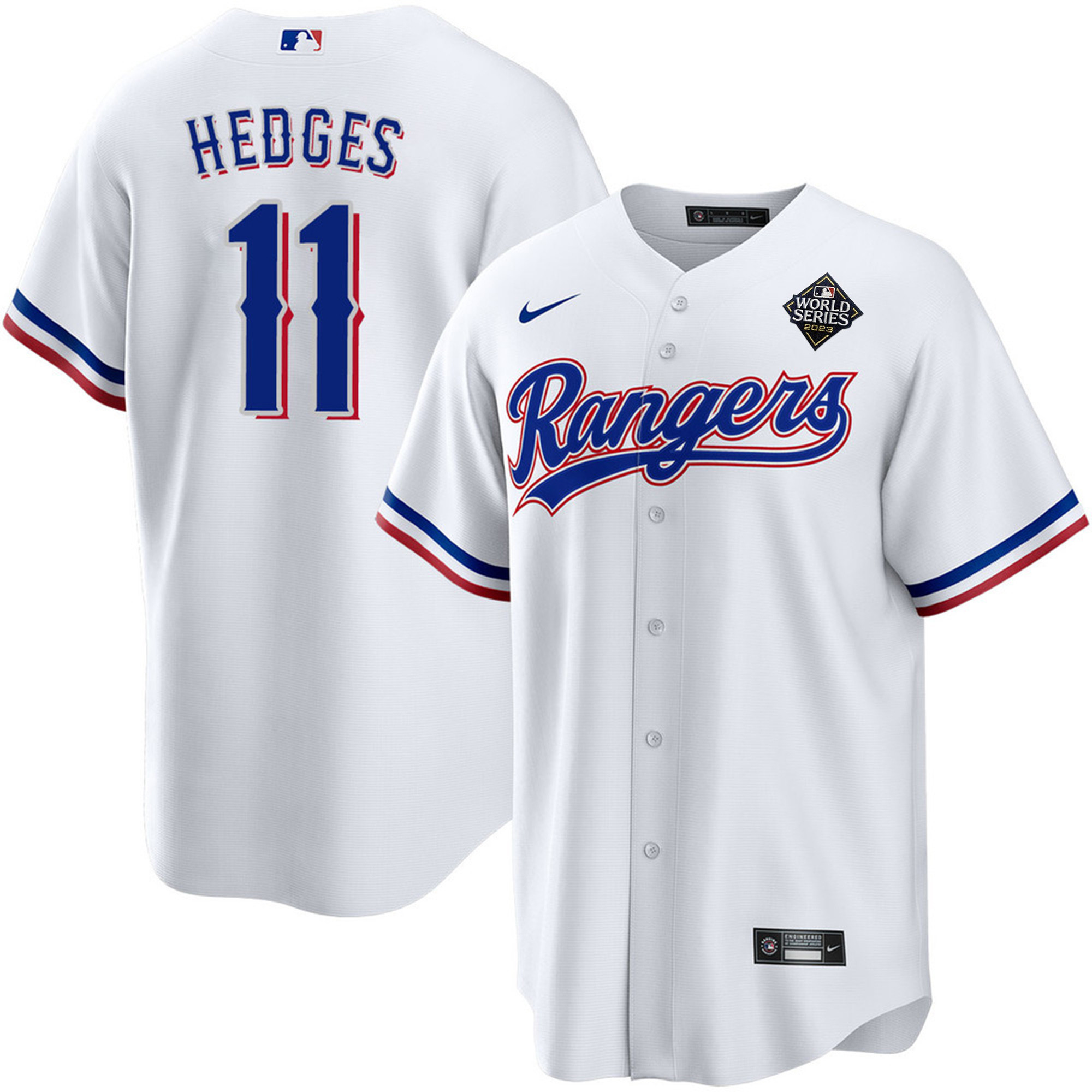 Drinkwearmerch Austin Hedges 11 Texas Rangers 2023 World Series Stitched Baseball Jersey - White