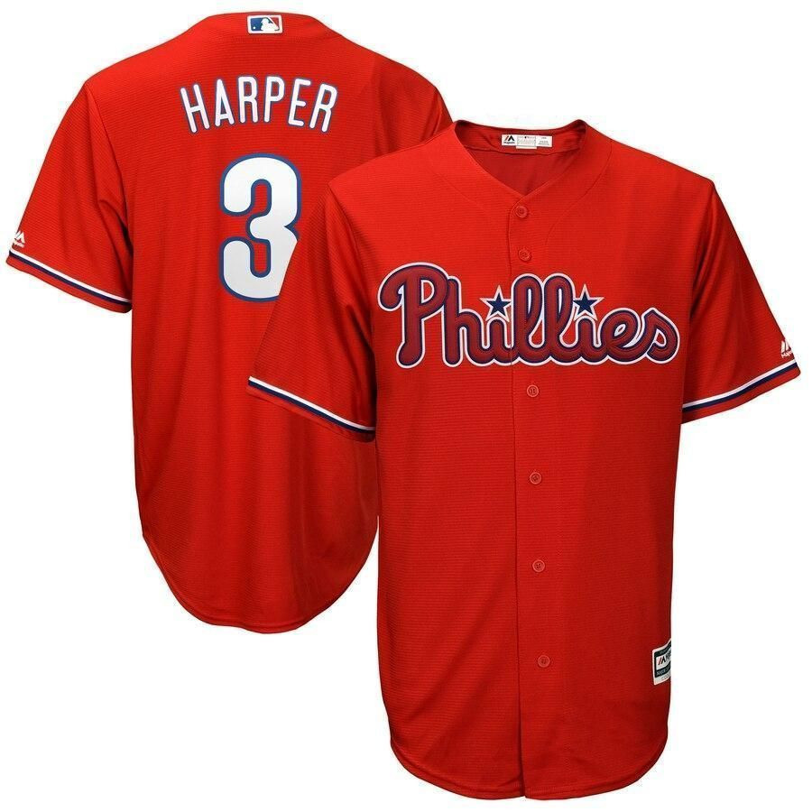 Drinkwearmerch Bryce Harper Philadelphia Phillies Official Cool Base Player Jersey - Scarlet