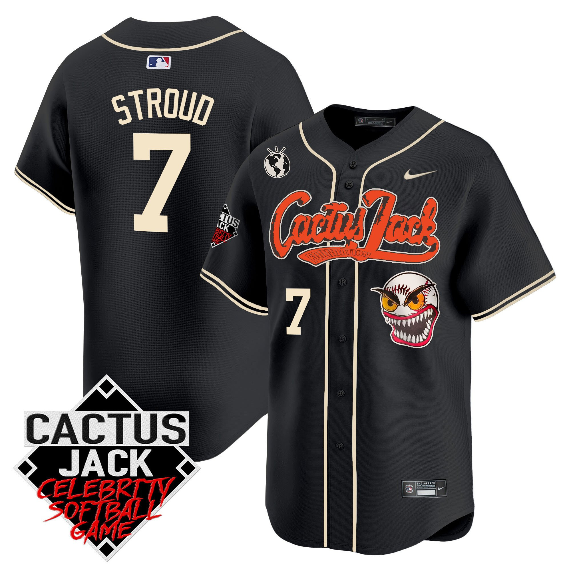 Drinkwearmerch CJ Stroud 7 Houston Astros Cactus Jack Celebrity Softball Game Patch Men Jersey - Black