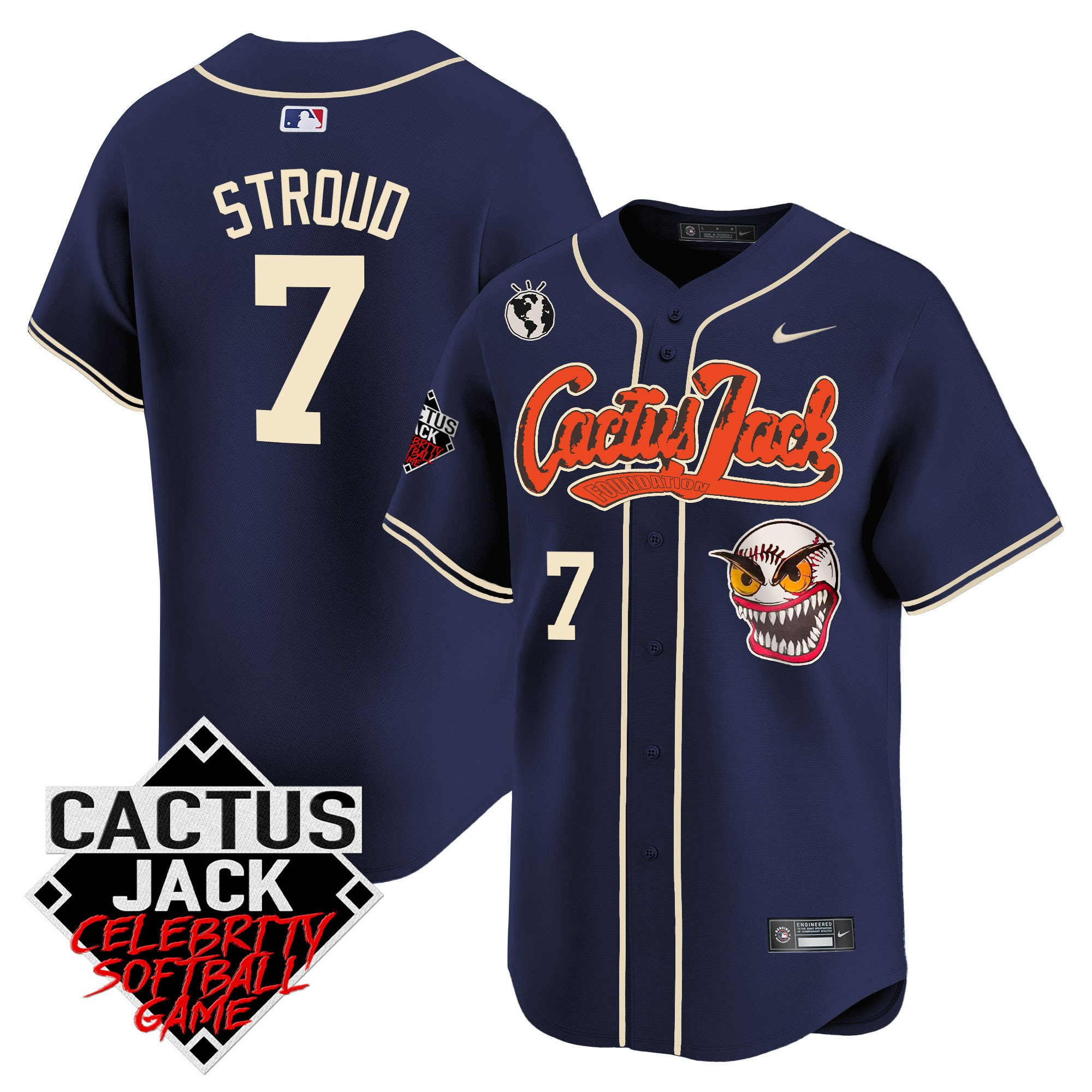 Drinkwearmerch CJ Stroud 7 Houston Astros Cactus Jack Celebrity Softball Game Patch Men Jersey - Navy