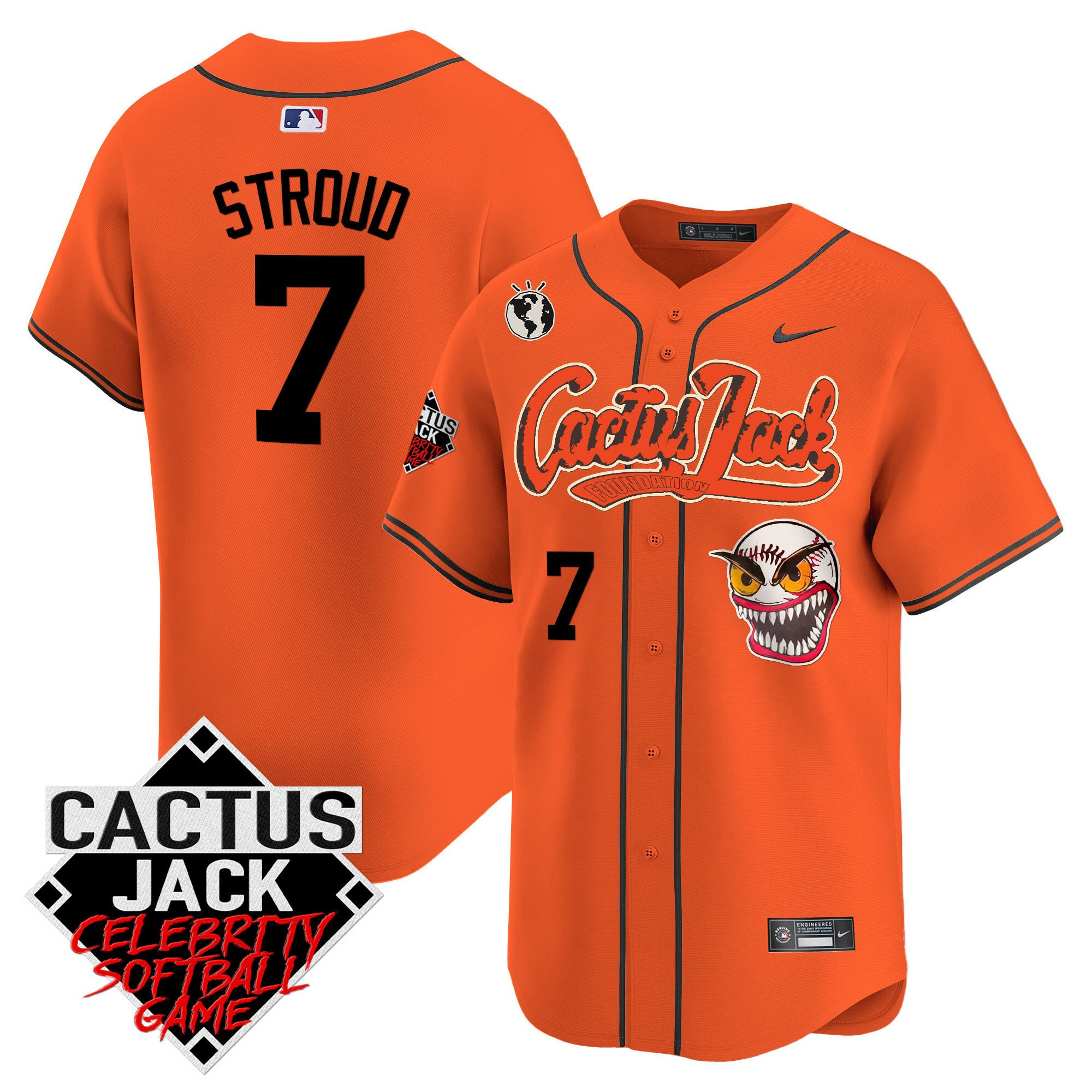 Drinkwearmerch CJ Stroud 7 Houston Astros Cactus Jack Celebrity Softball Game Patch Men Jersey - Orange
