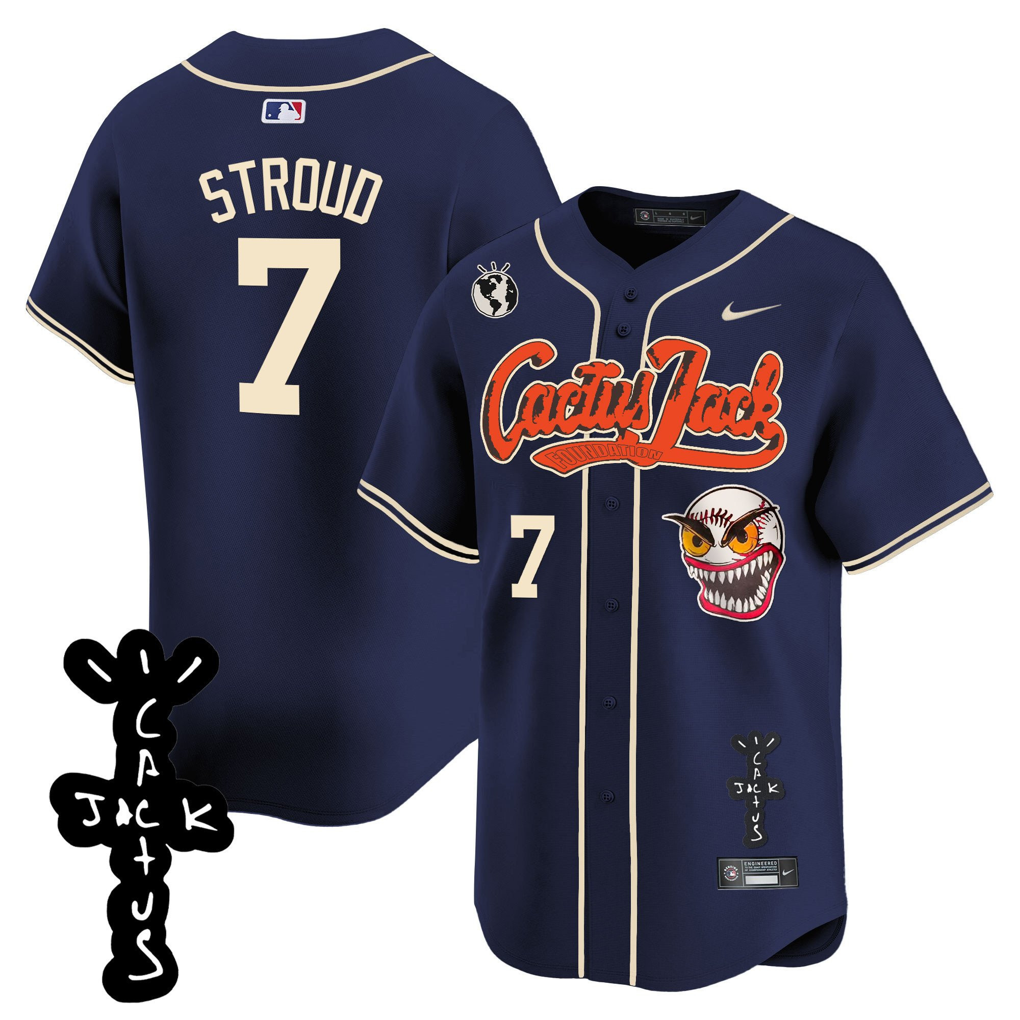 Drinkwearmerch CJ Stroud 7 Houston Astros Cactus Jack Patch V2 Men Jersey - Navy