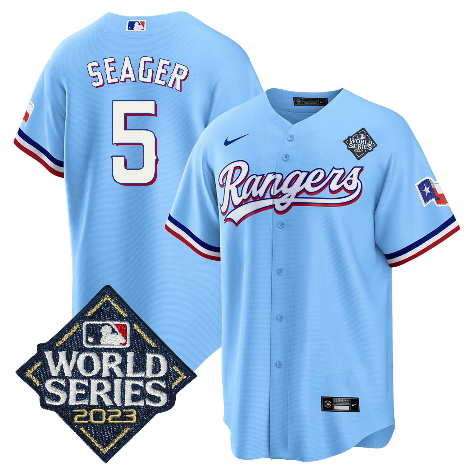 Drinkwearmerch Corey Seager 5 Texas Rangers 2023 World Series Cool Base Stitched Baseball Jersey - Blue