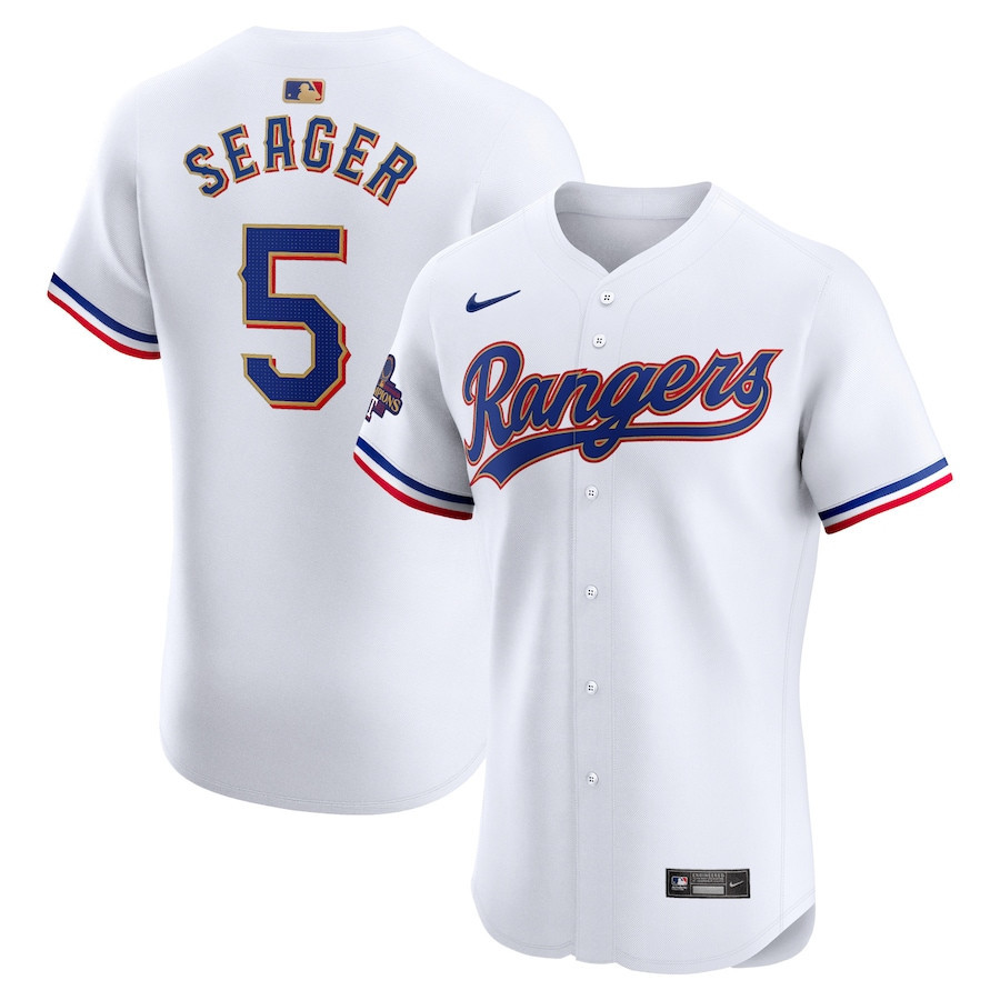 Drinkwearmerch Corey Seager 5 Texas Rangers 2024 Gold Collection ELITE Player Jersey - White