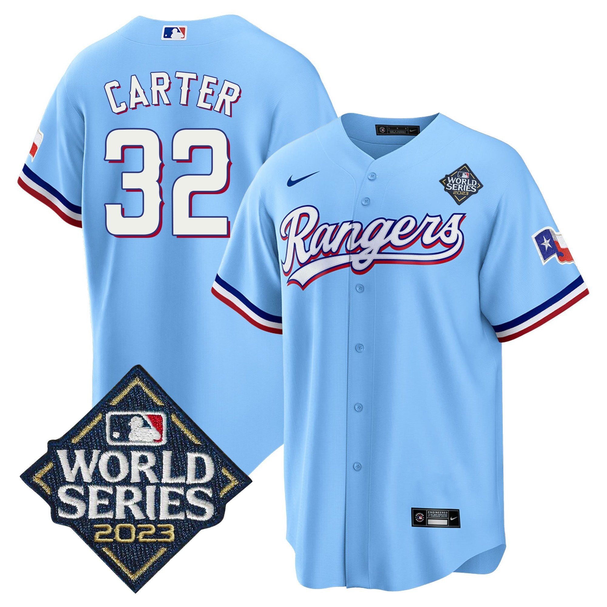 Drinkwearmerch Evan Carter 32 Texas Rangers 2023 World Series Cool Base Stitched Baseball Jersey - Blue