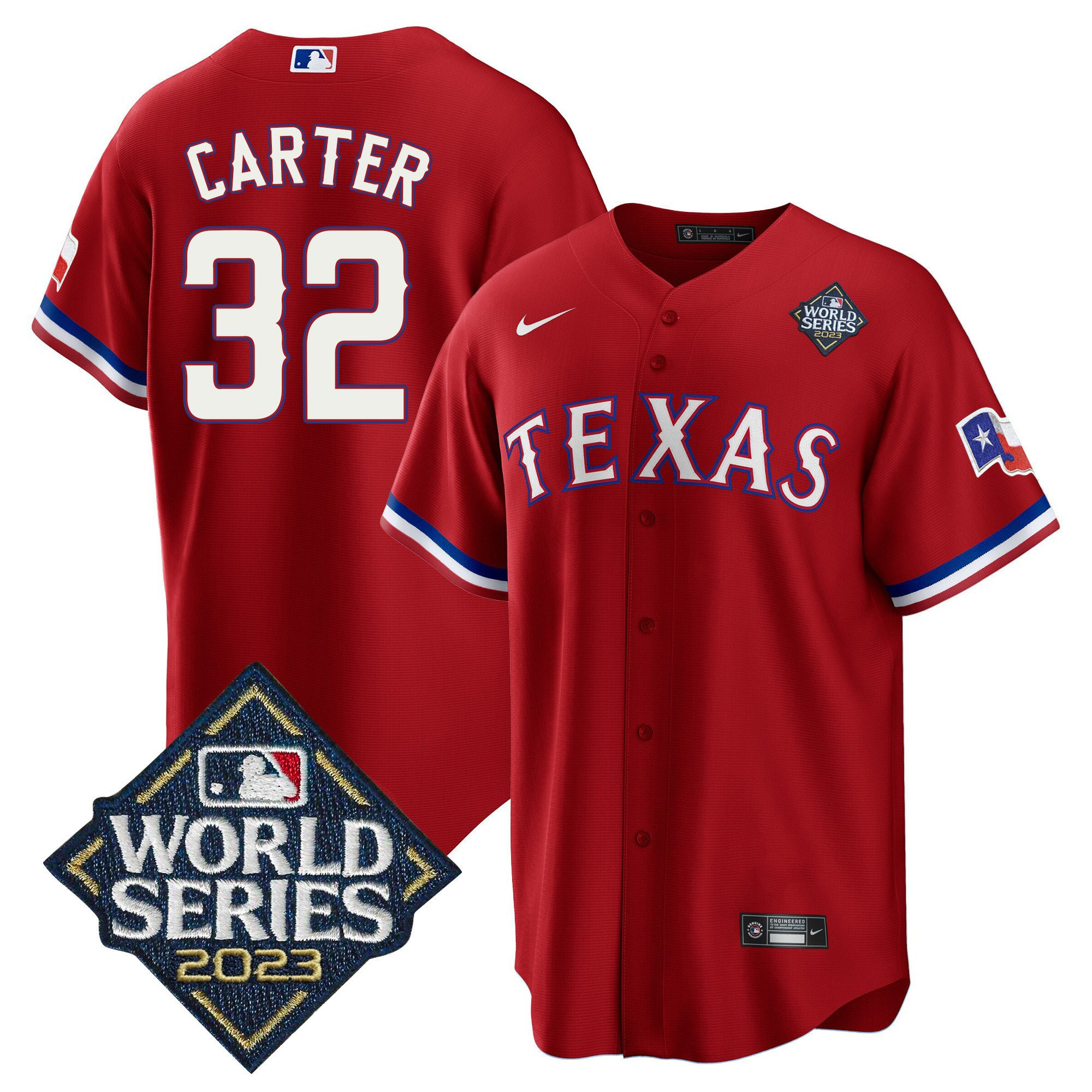 Drinkwearmerch Evan Carter 32 Texas Rangers 2023 World Series Cool Base Stitched Baseball Jersey - Red