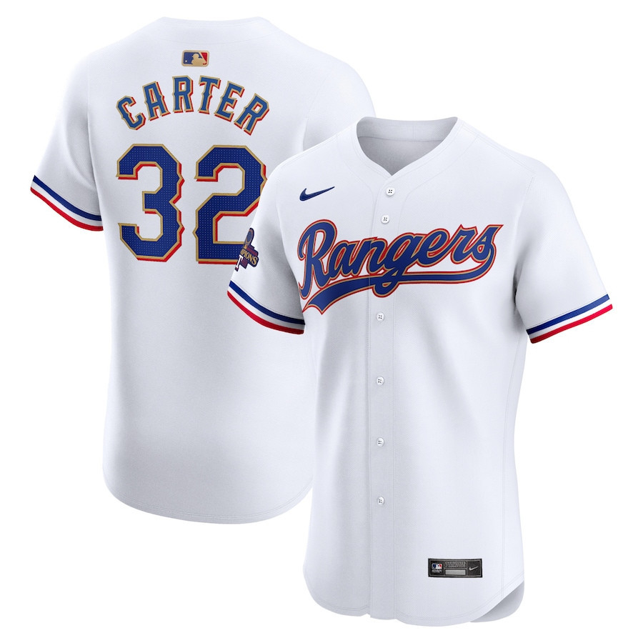 Drinkwearmerch Evan Carter 32 Texas Rangers 2024 Gold Collection ELITE Player Jersey - White