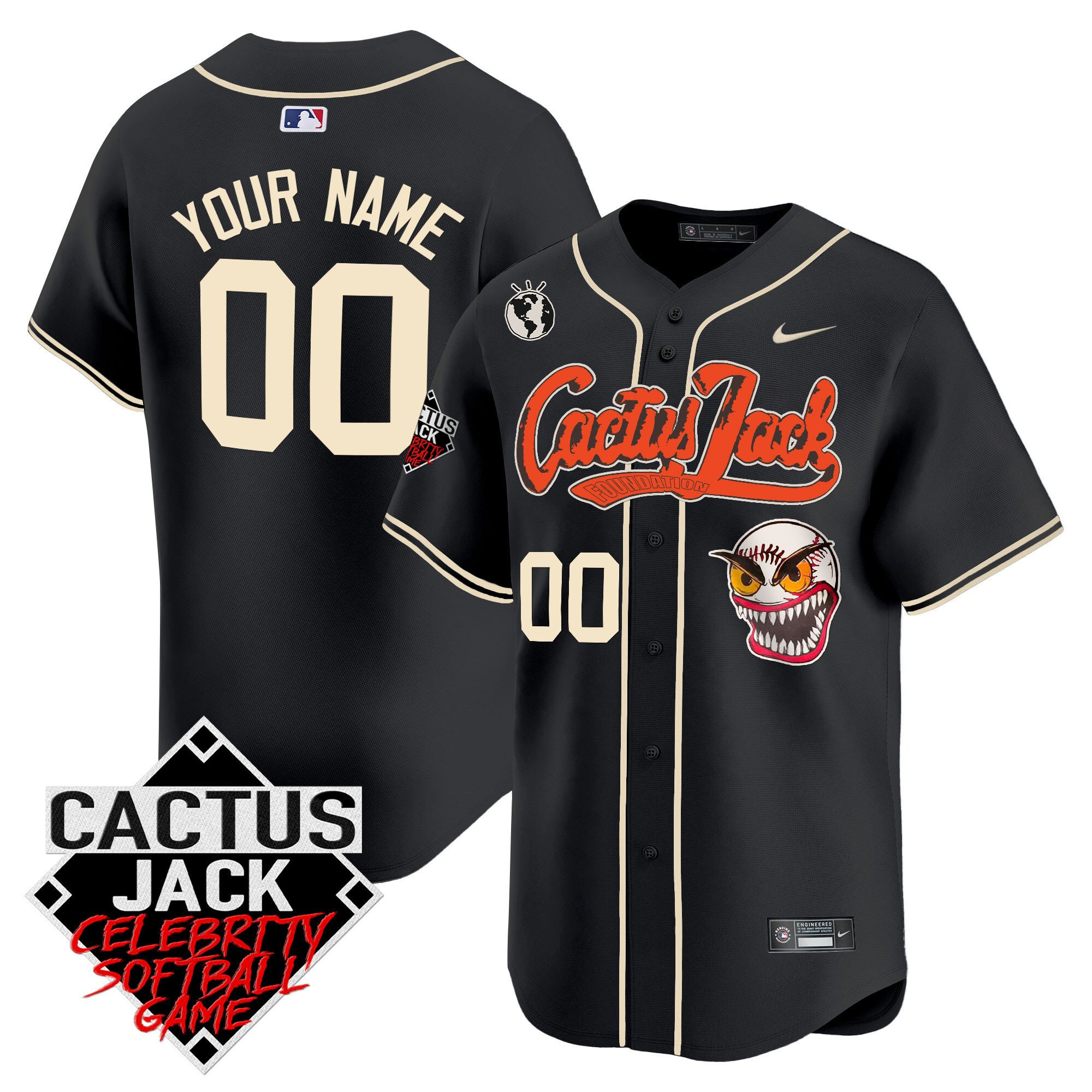 Drinkwearmerch Houston Astros Cactus Jack Celebrity Softball Game Patch Custom Men Jersey - Black