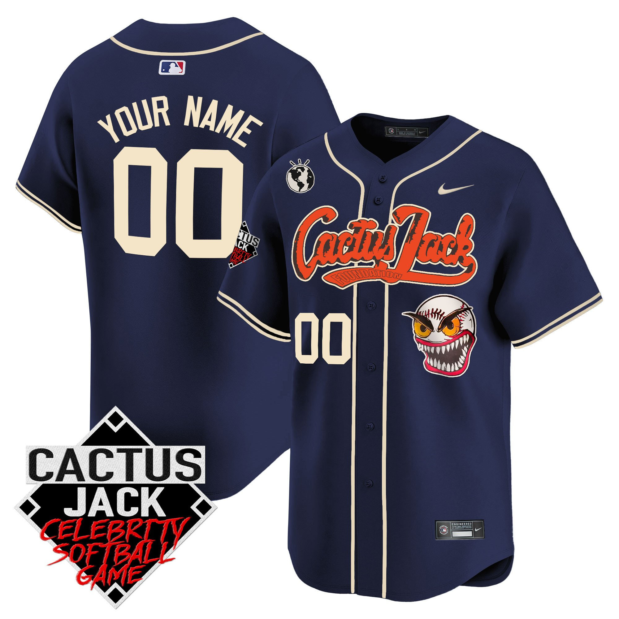 Drinkwearmerch Houston Astros Cactus Jack Celebrity Softball Game Patch Custom Men Jersey - Navy