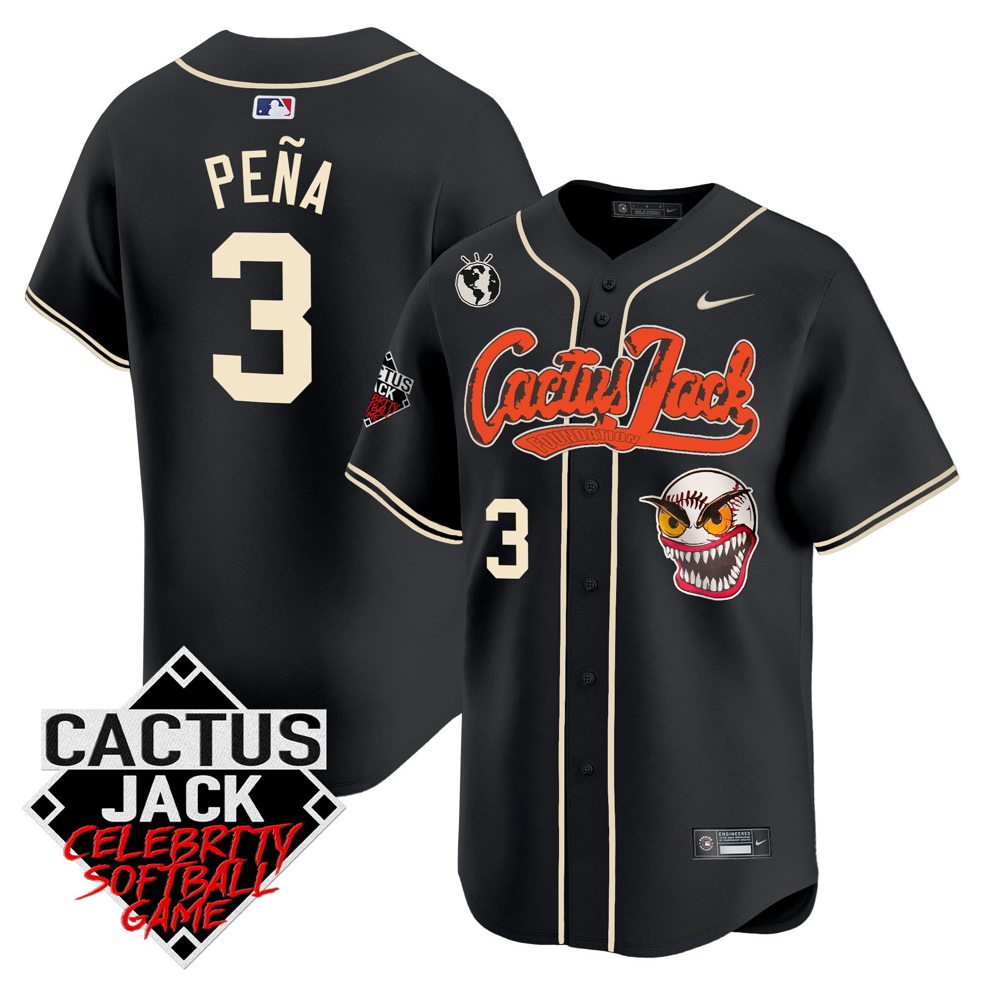 Drinkwearmerch Jeremy Pena 3 Houston Astros Cactus Jack Celebrity Softball Game Patch Men Jersey - Black