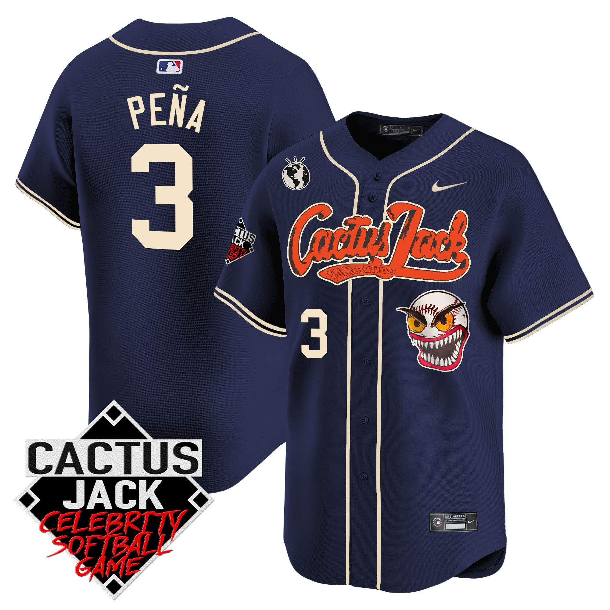 Drinkwearmerch Jeremy Pena 3 Houston Astros Cactus Jack Celebrity Softball Game Patch Men Jersey - Navy