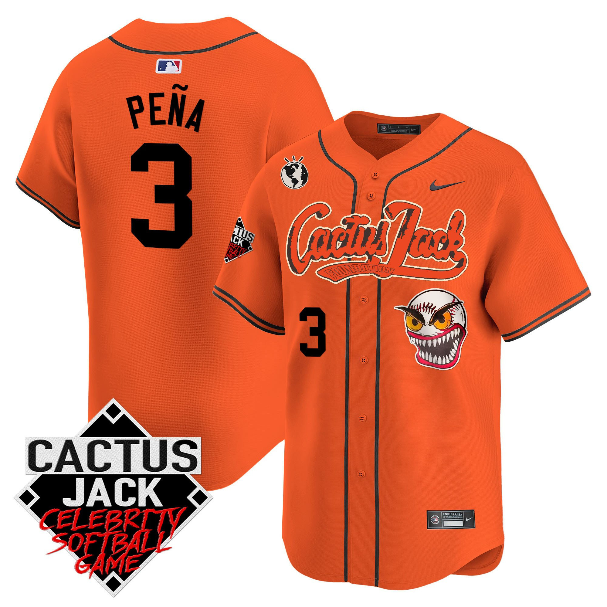 Drinkwearmerch Jeremy Pena 3 Houston Astros Cactus Jack Celebrity Softball Game Patch Men Jersey - Orange