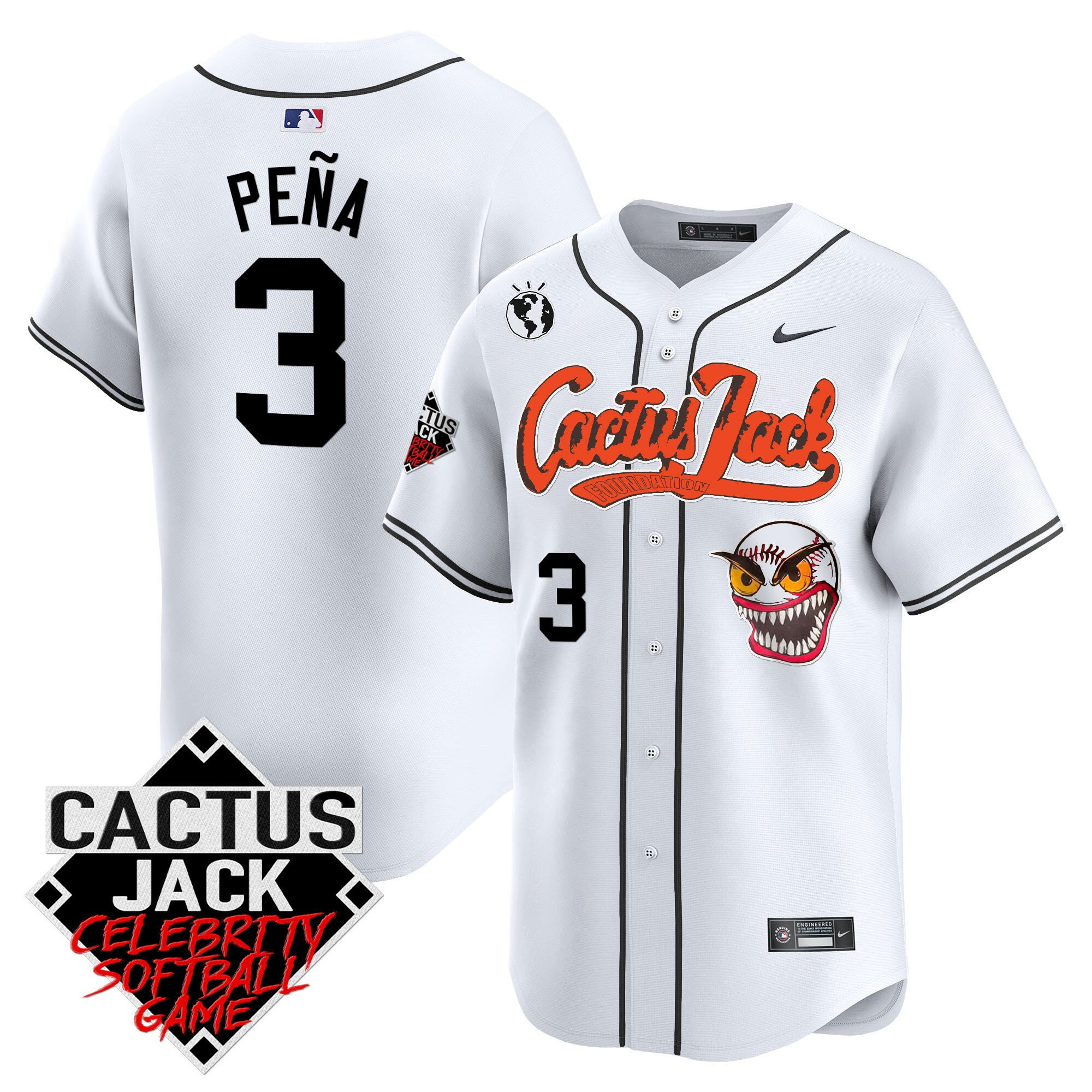 Drinkwearmerch Jeremy Pena 3 Houston Astros Cactus Jack Celebrity Softball Game Patch Men Jersey - White