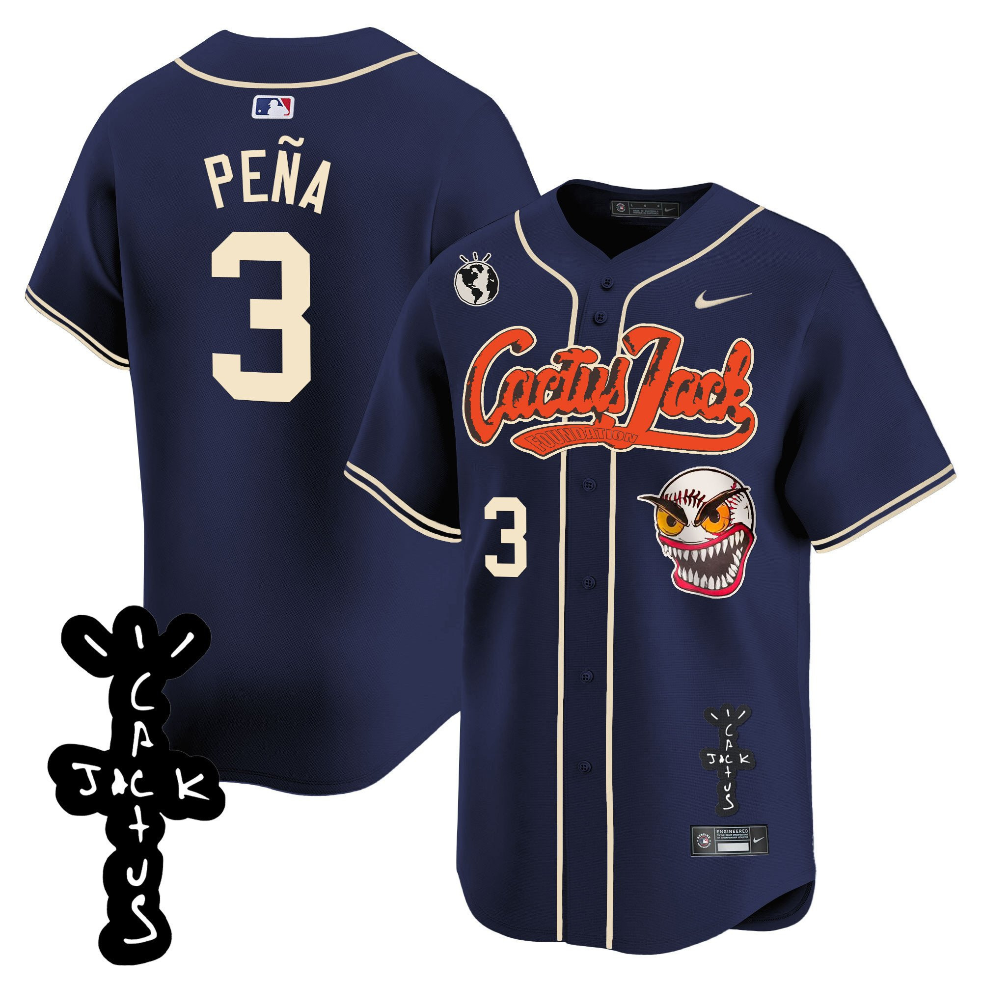 Drinkwearmerch Jeremy Pena 3 Houston Astros Cactus Jack Patch V2 Men Jersey - Navy