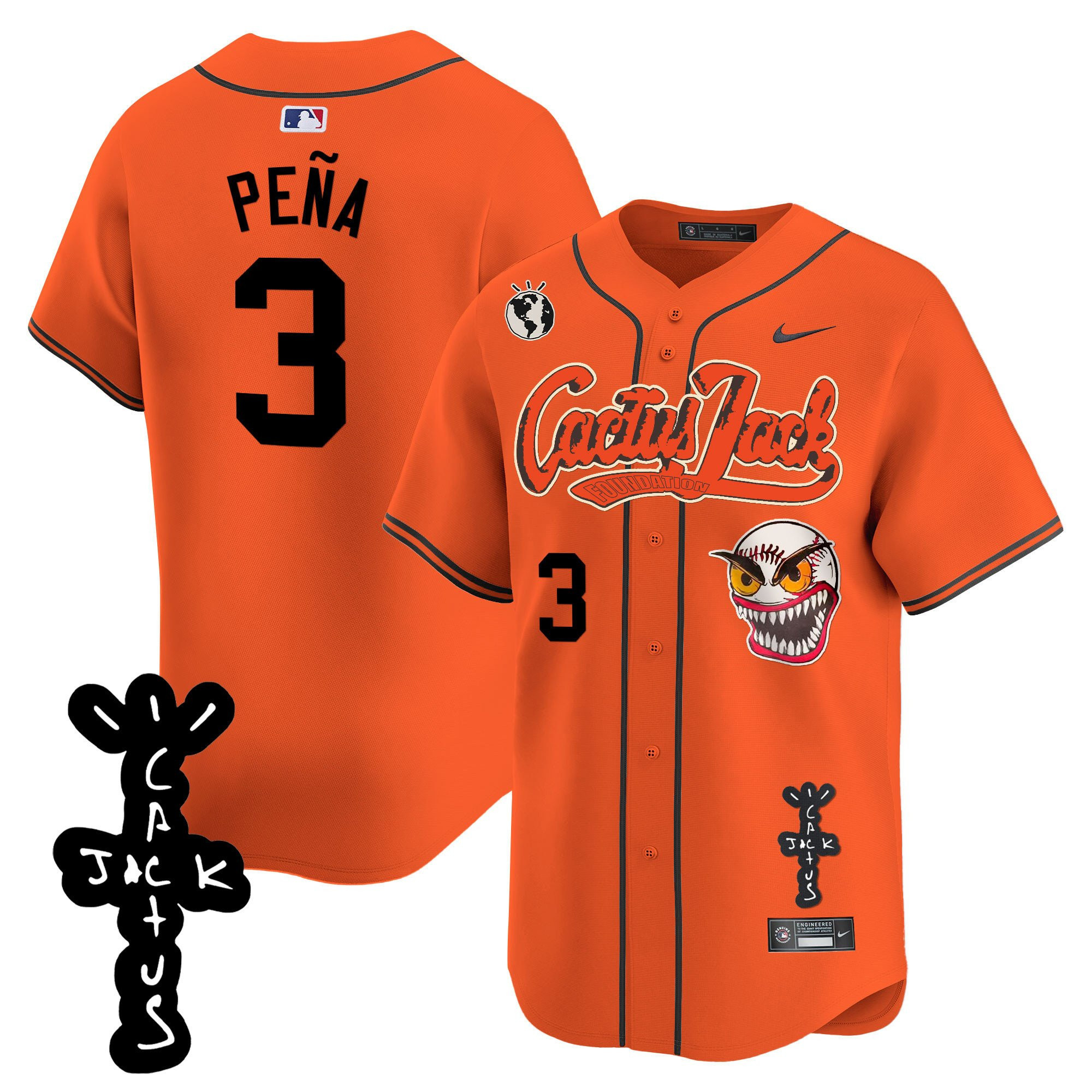 Drinkwearmerch Jeremy Pena 3 Houston Astros Cactus Jack Patch V2 Men Jersey - Orange