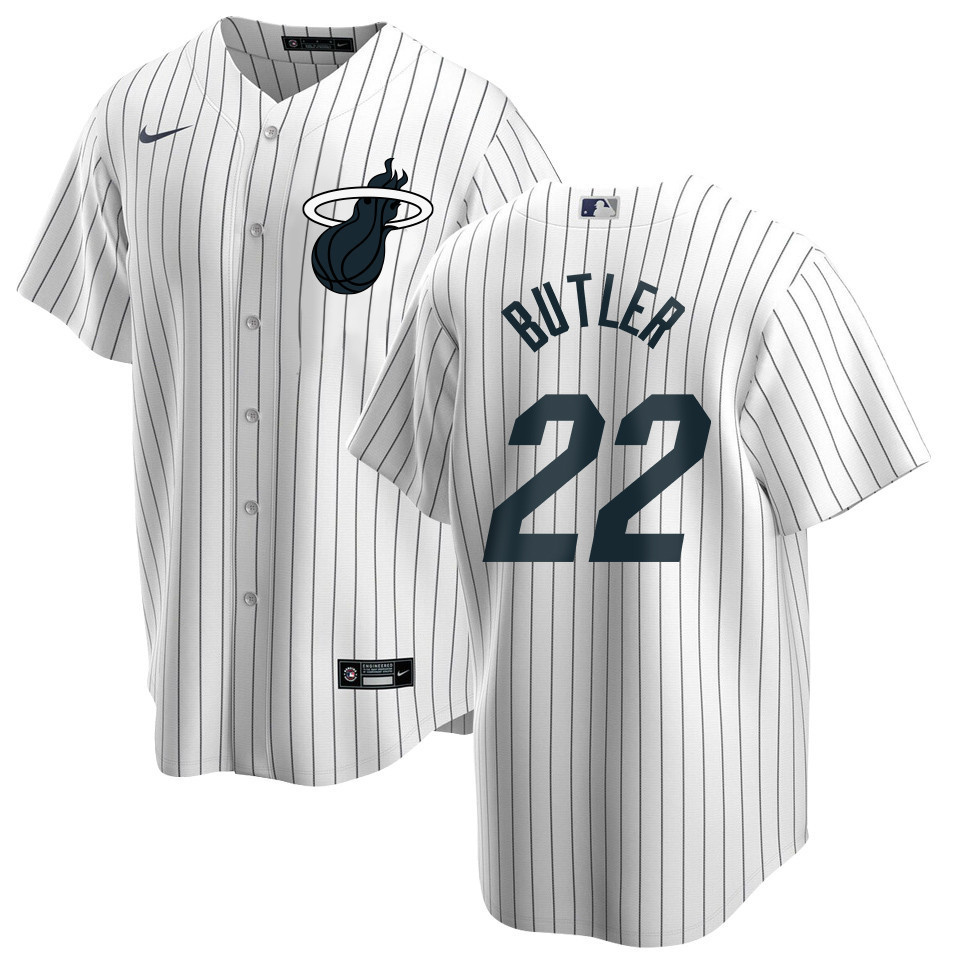 Drinkwearmerch Jimmy Butler 22 Miami Heat x NY Yankees Baseball Men Jersey - White