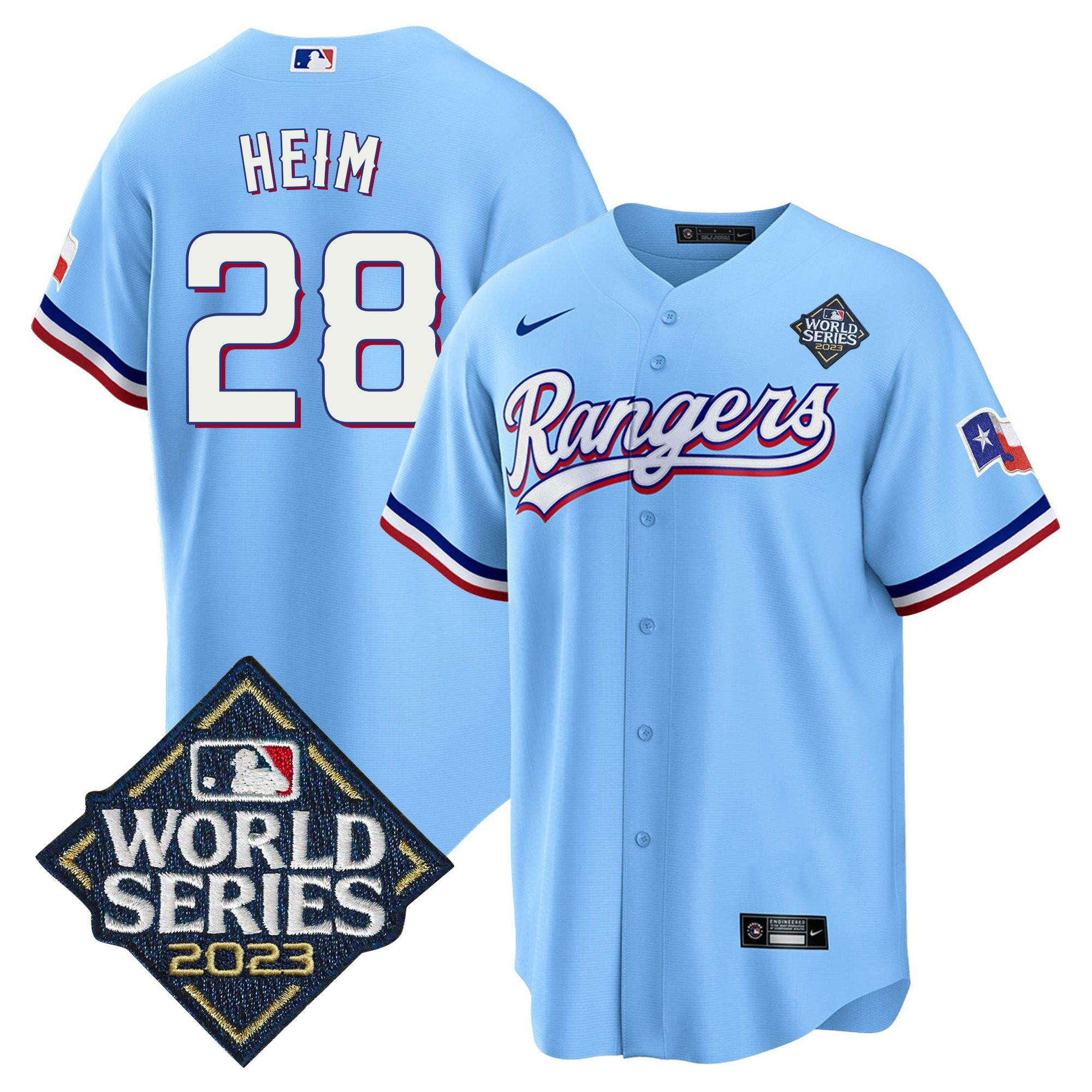 Drinkwearmerch Jonah Heim 28 Texas Rangers 2023 World Series Cool Base Stitched Baseball Jersey - Blue