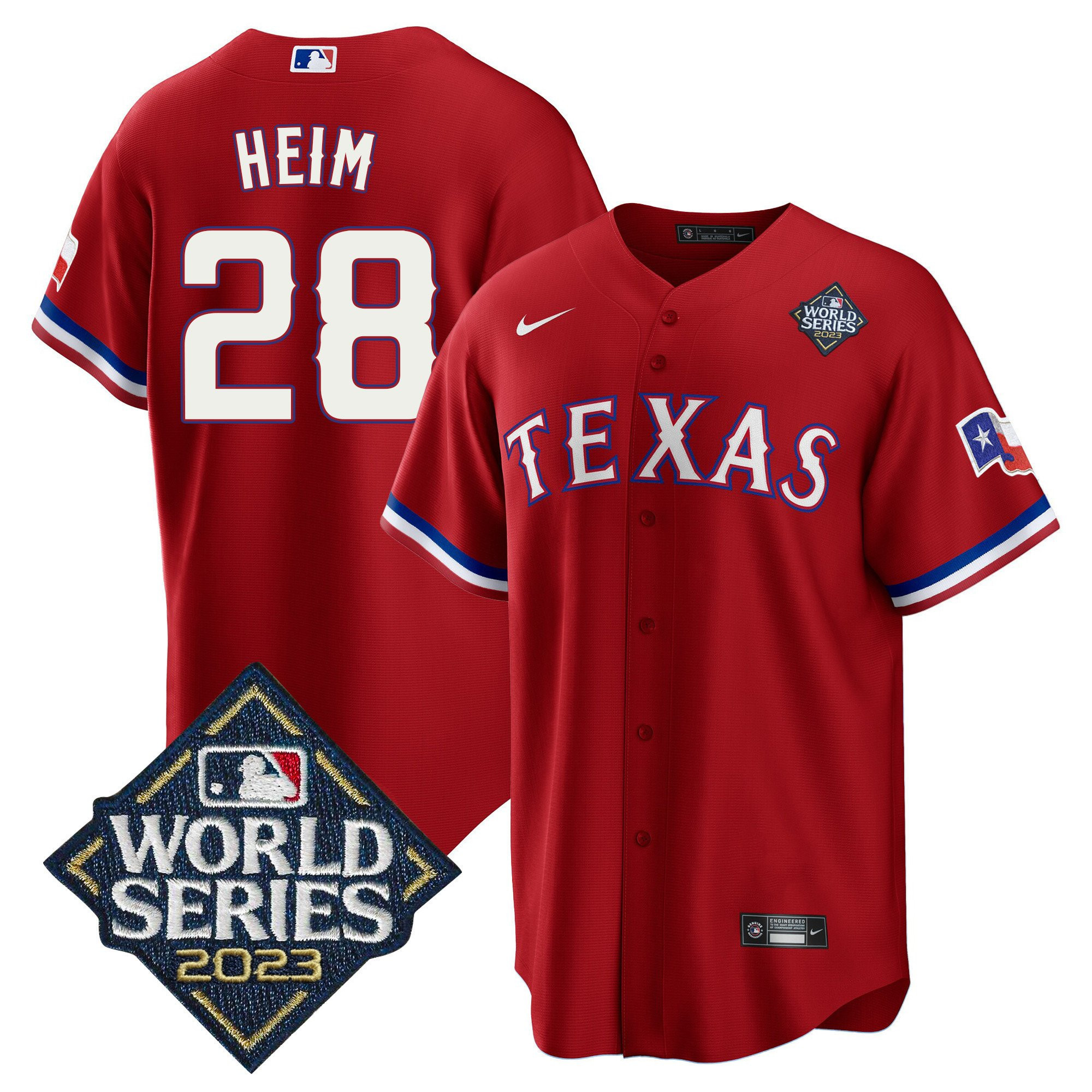 Drinkwearmerch Jonah Heim 28 Texas Rangers 2023 World Series Cool Base Stitched Baseball Jersey - Red
