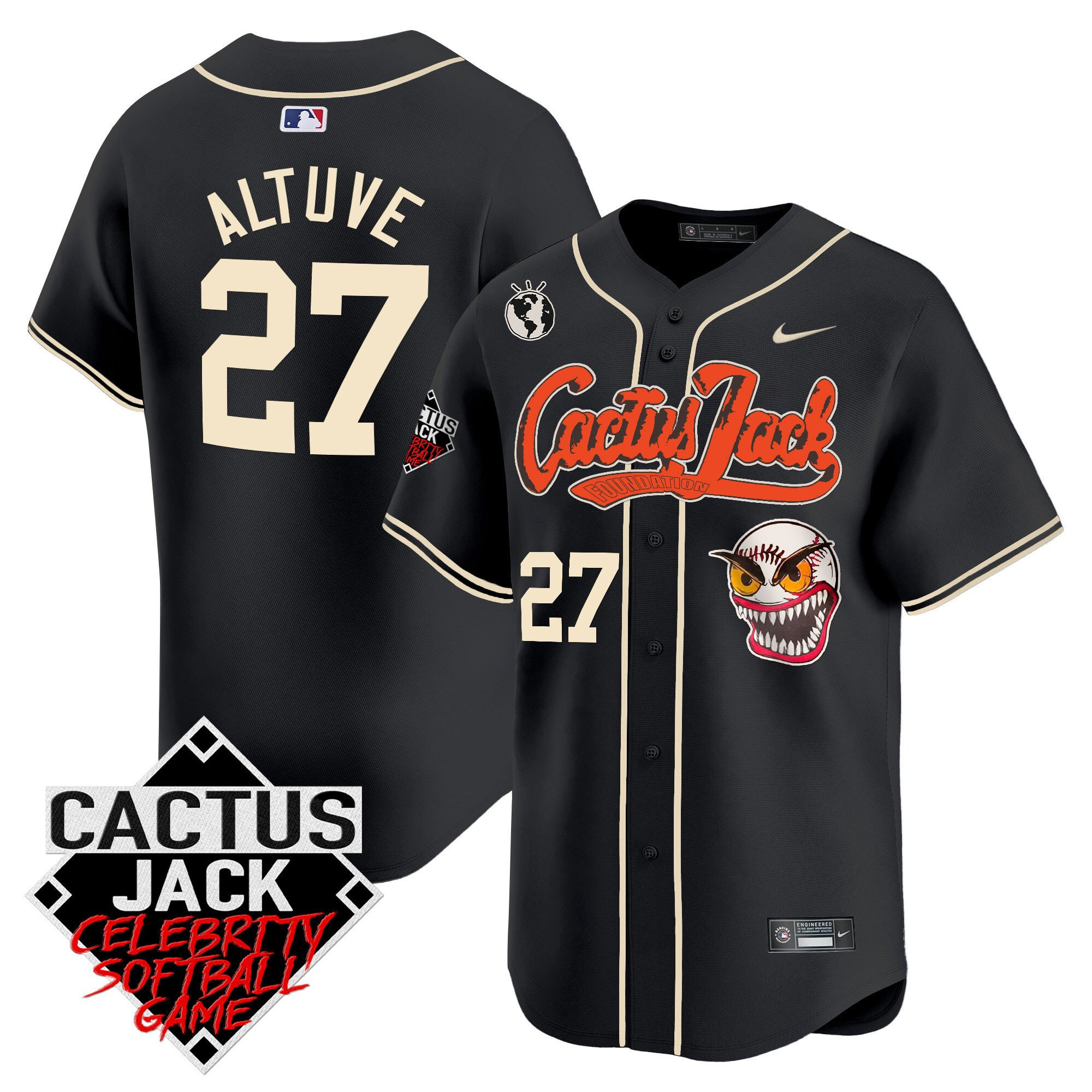 Drinkwearmerch José Altuve 27 Houston Astros Cactus Jack Celebrity Softball Game Patch Men Jersey - Black