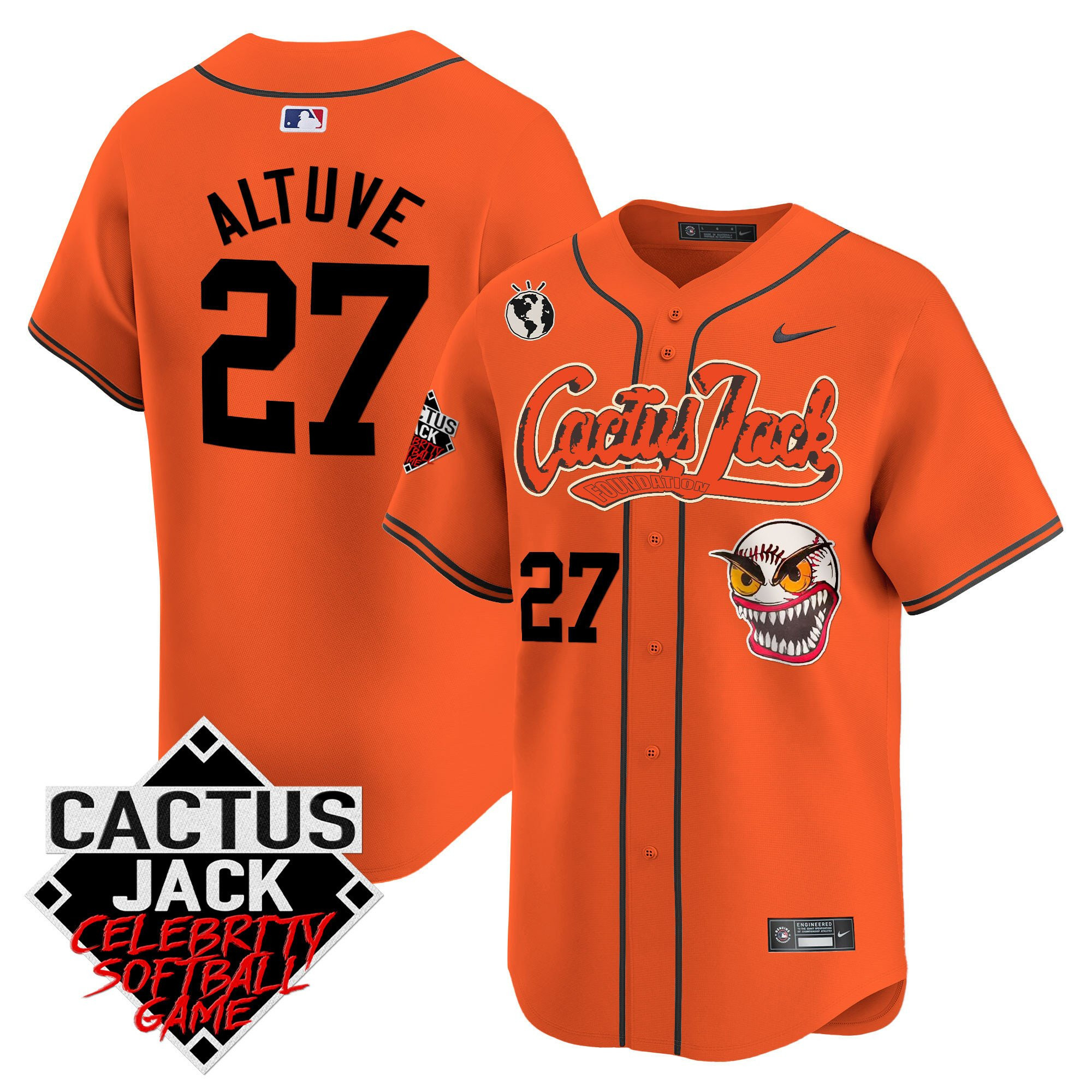 Drinkwearmerch José Altuve 27 Houston Astros Cactus Jack Celebrity Softball Game Patch Men Jersey - Orange