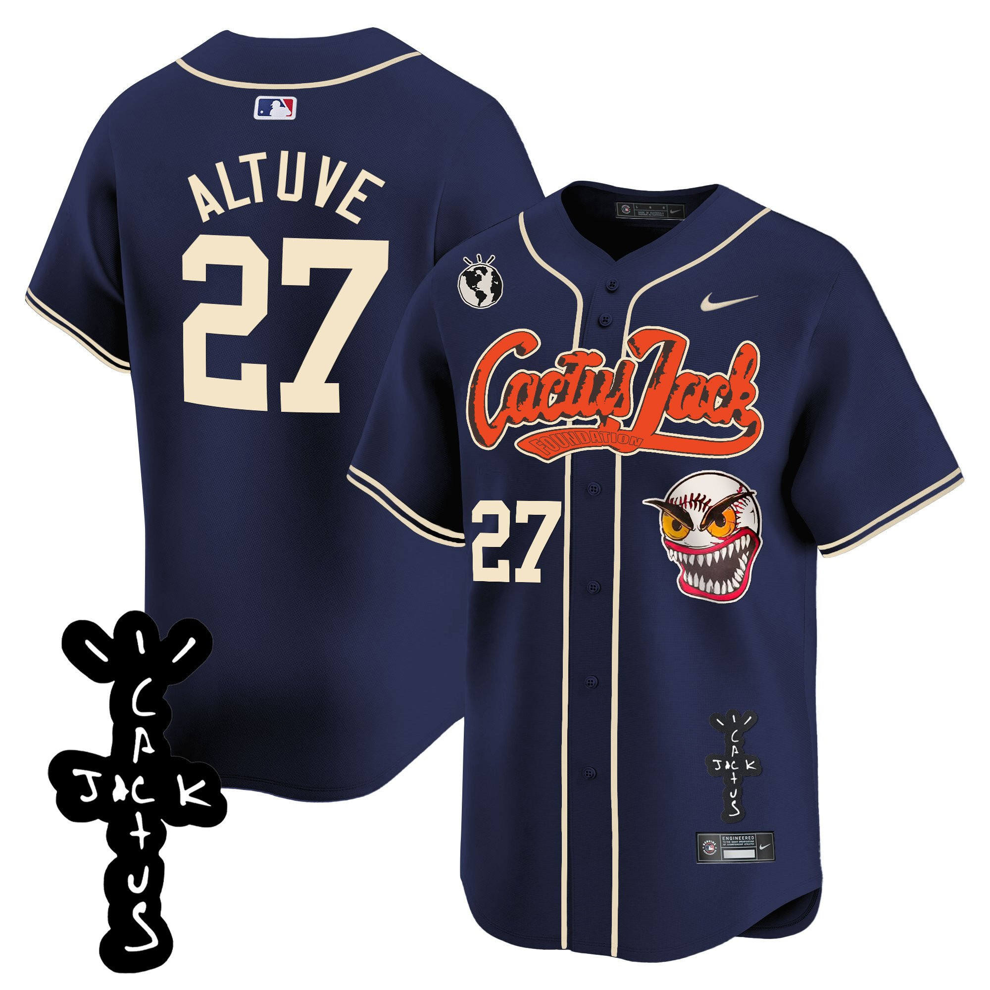 Drinkwearmerch José Altuve 27 Houston Astros Cactus Jack Patch V2 Men Jersey - Navy