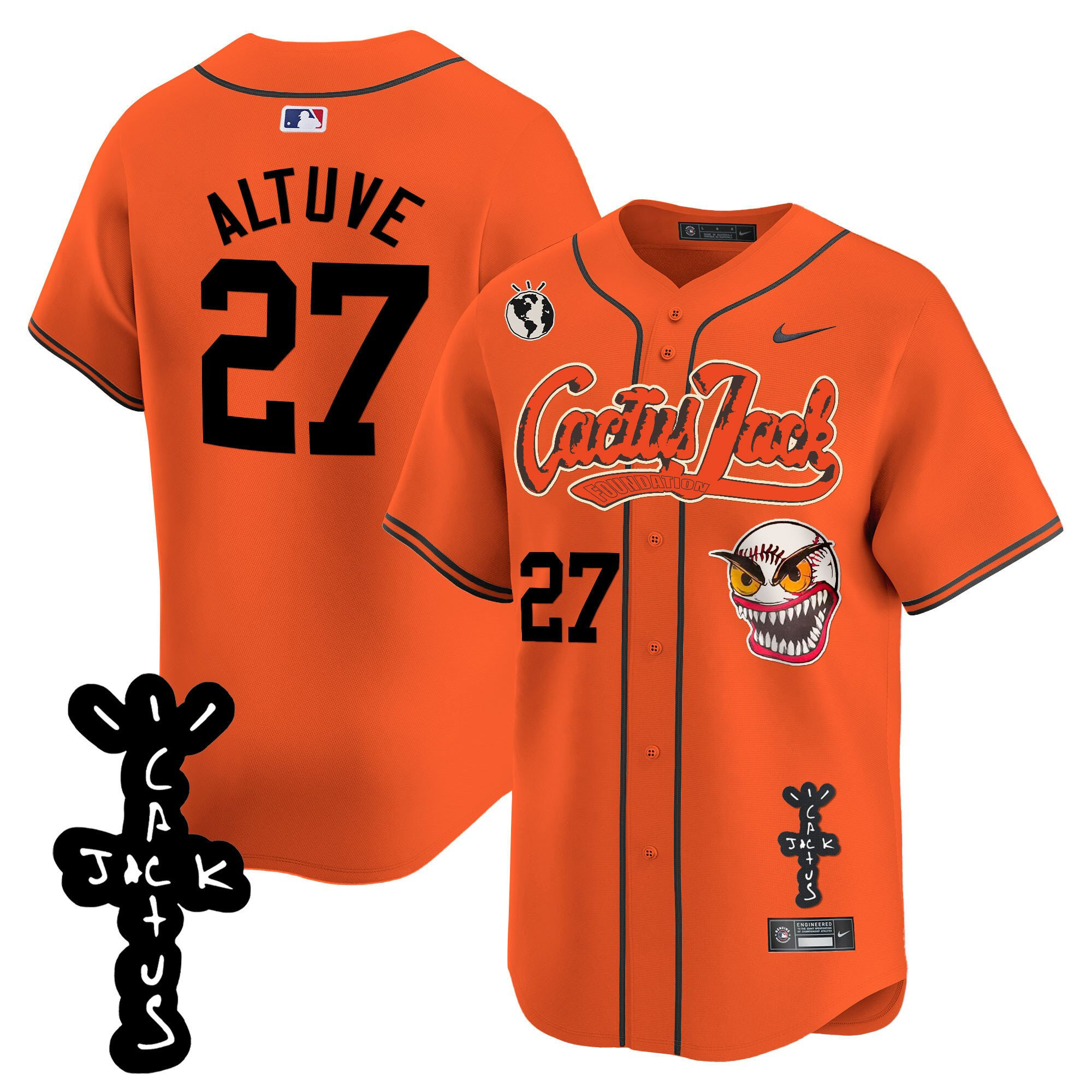 Drinkwearmerch José Altuve 27 Houston Astros Cactus Jack Patch V2 Men Jersey - Orange