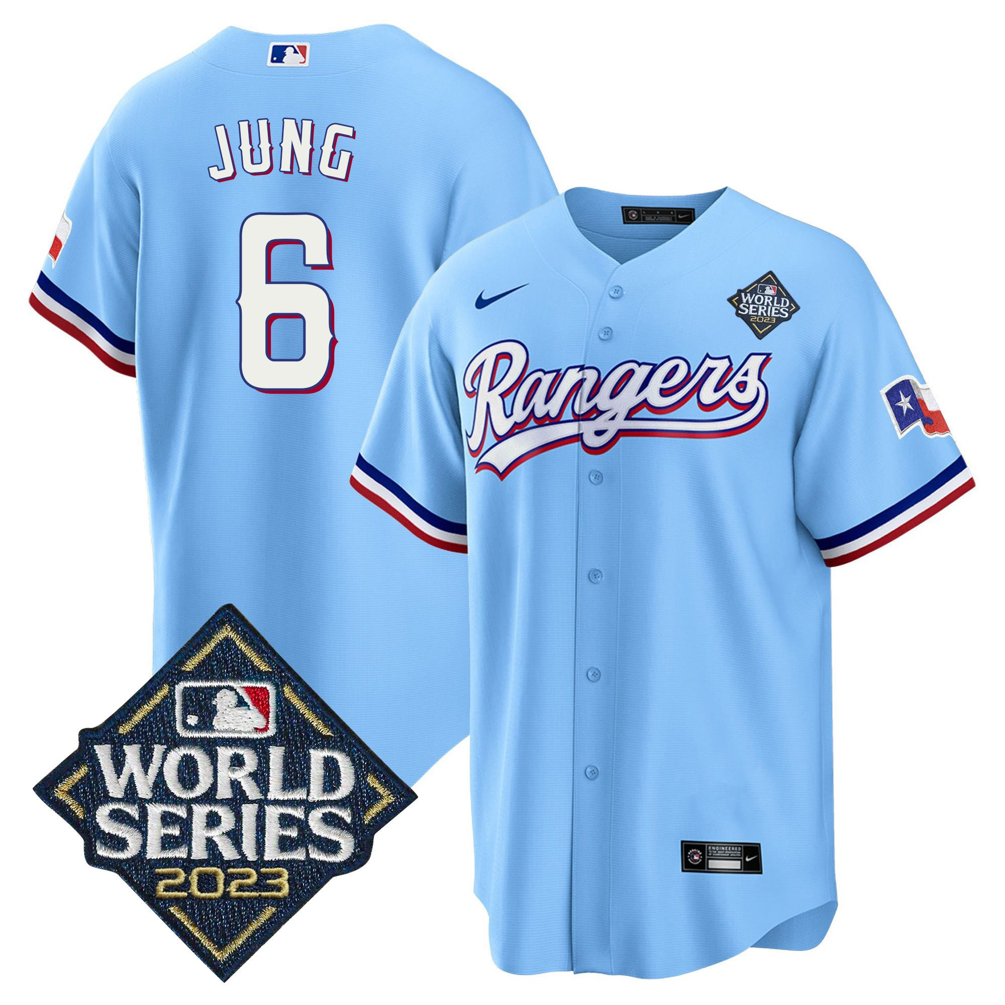 Drinkwearmerch Josh Jung 6 Texas Rangers 2023 World Series Cool Base Stitched Baseball Jersey - Blue