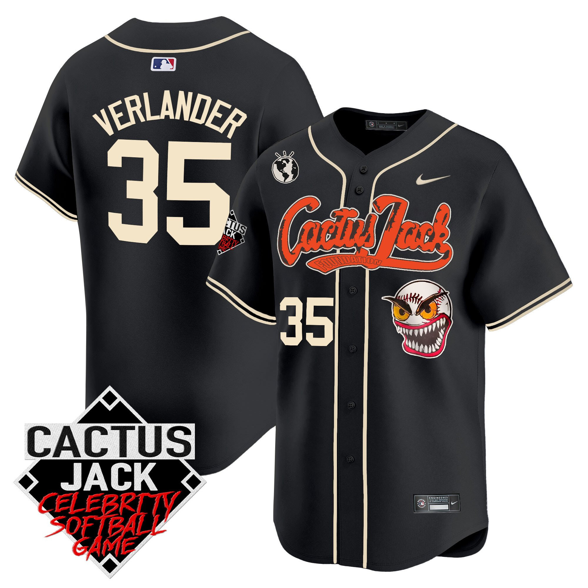 Drinkwearmerch Justin Verlander 35 Houston Astros Cactus Jack Celebrity Softball Game Patch Men Jersey - Black