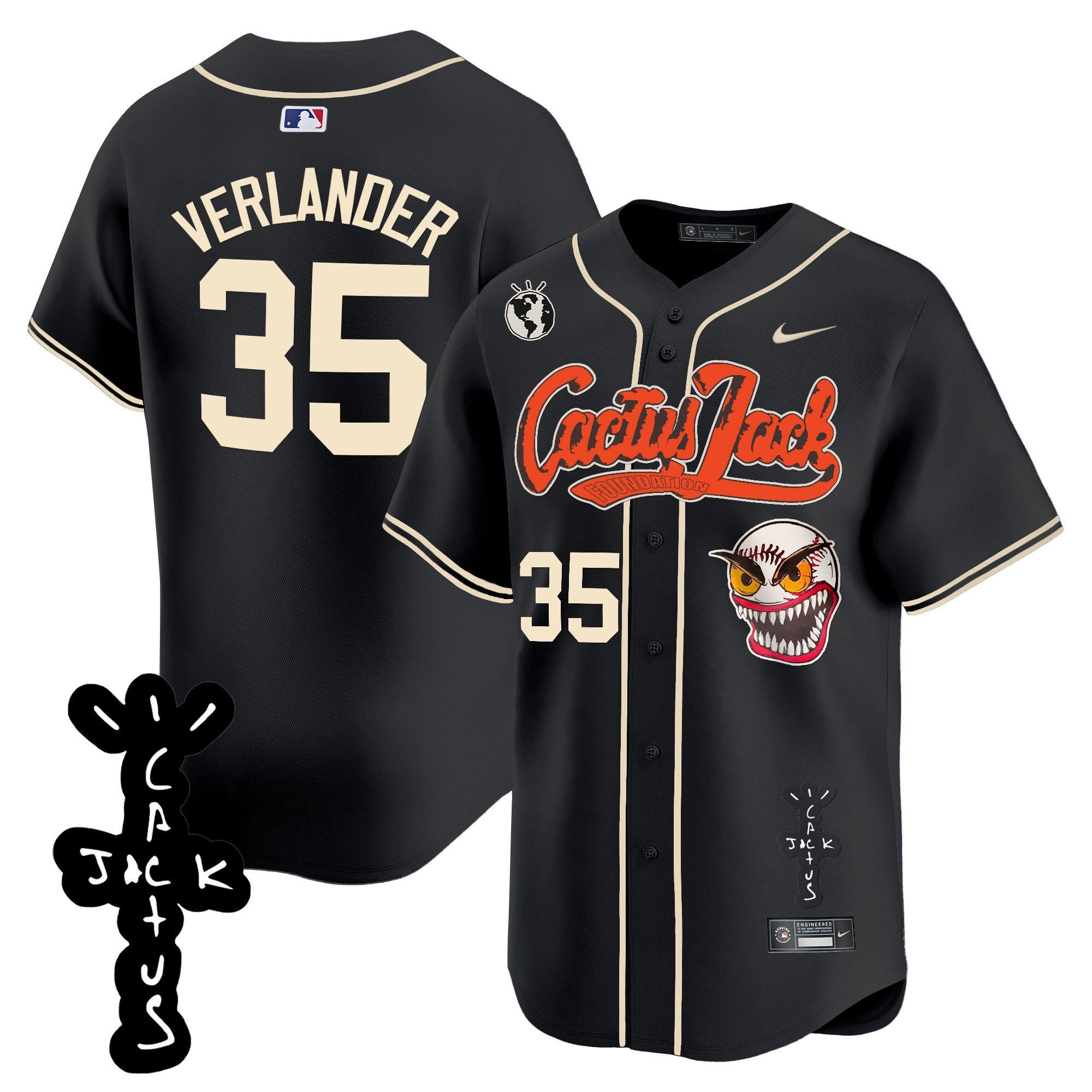 Drinkwearmerch Justin Verlander 35 Houston Astros Cactus Jack Patch V2 Men Jersey - Black