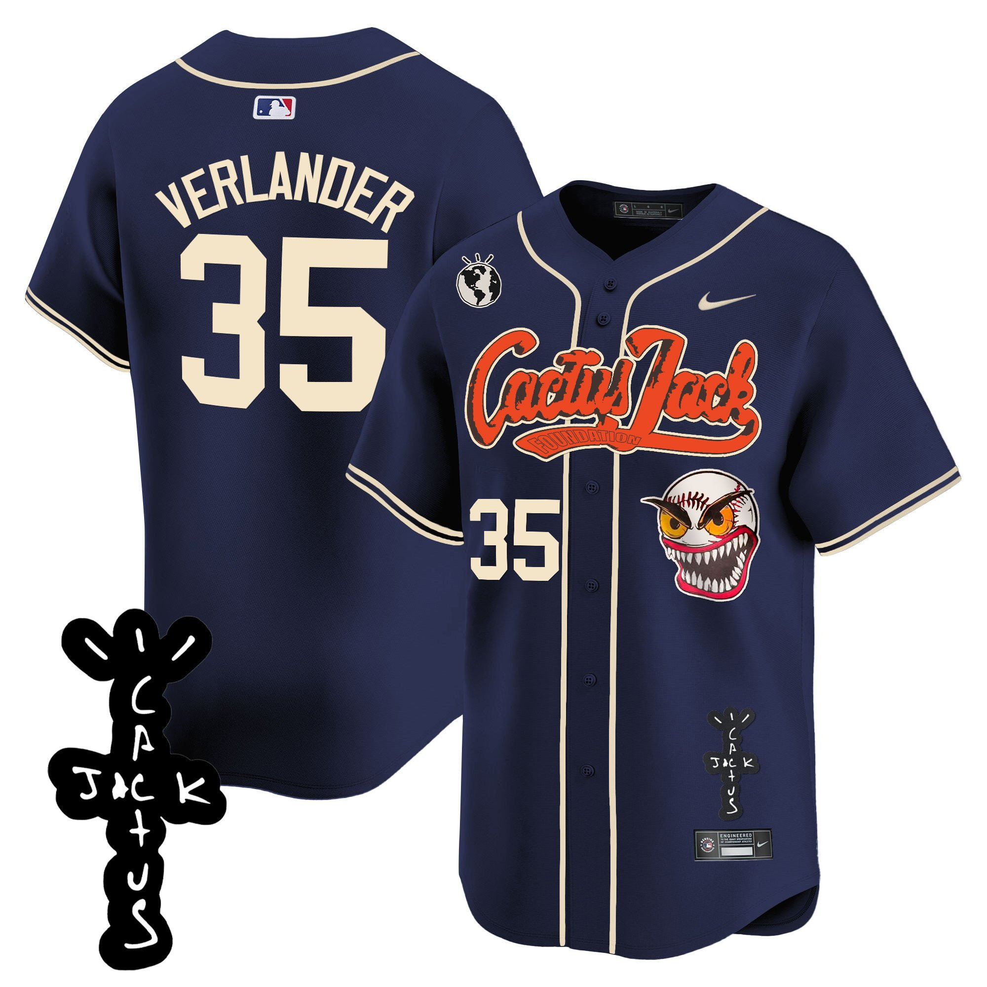 Drinkwearmerch Justin Verlander 35 Houston Astros Cactus Jack Patch V2 Men Jersey - Navy