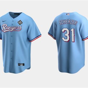 Drinkwearmerch Max Scherzer 31 Texas Rangers 2023 World Series Cool Base Stitched Baseball Jersey - Blue