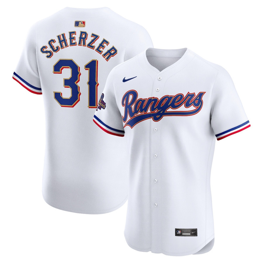 Drinkwearmerch Max Scherzer 31 Texas Rangers 2024 Gold Collection ELITE Player Jersey - White