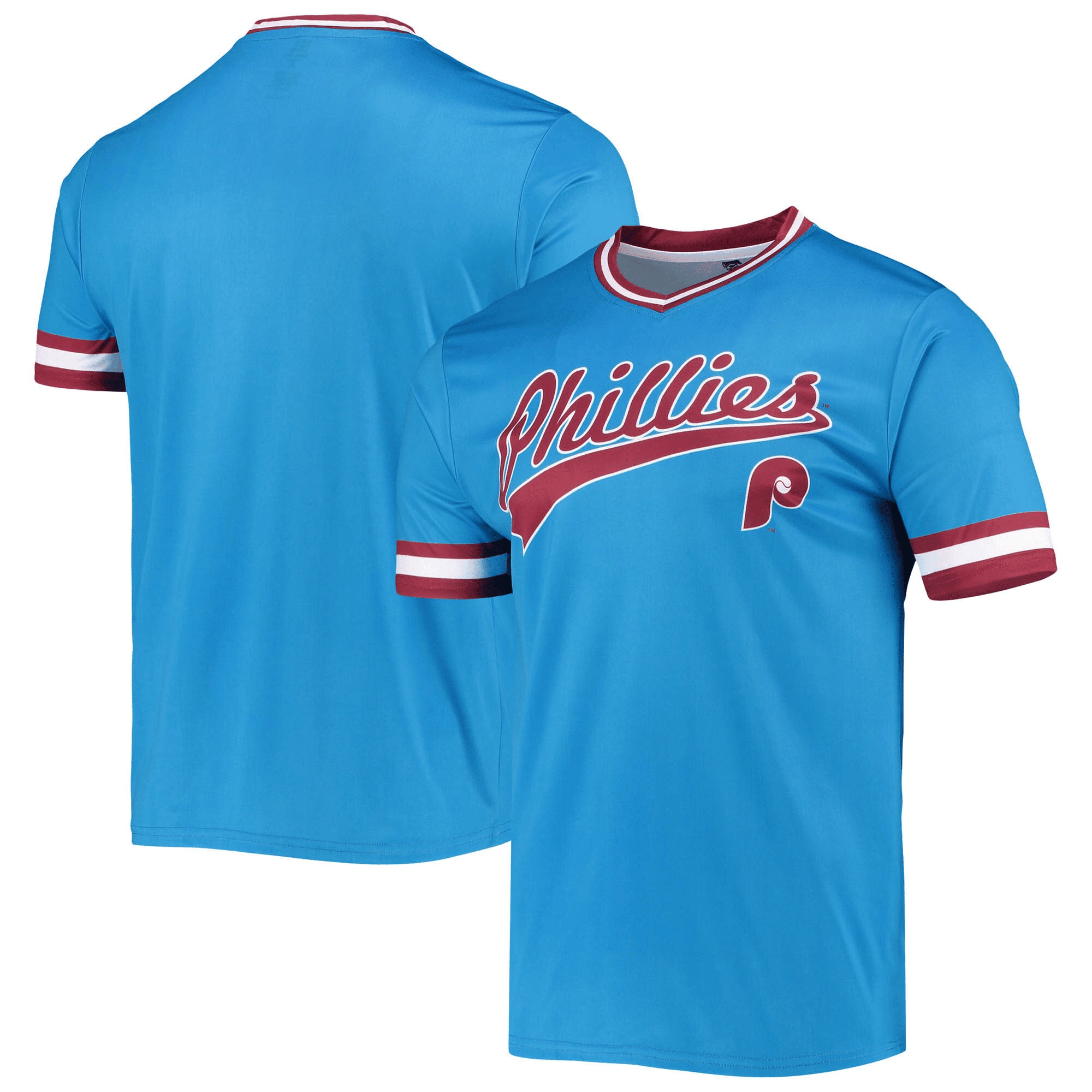 Drinkwearmerch Men's Stitches Light Blue/Burgundy Philadelphia Phillies Cooperstown Collection V-Neck Team Color Jersey Jersey
