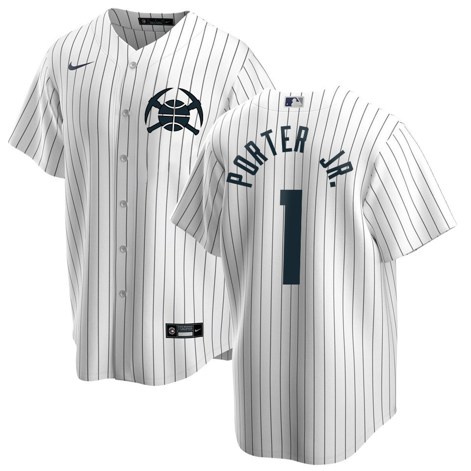 Drinkwearmerch Michael Porter Jr. 1 Denver Nuggets x NY Yankees Baseball Men Jersey - White