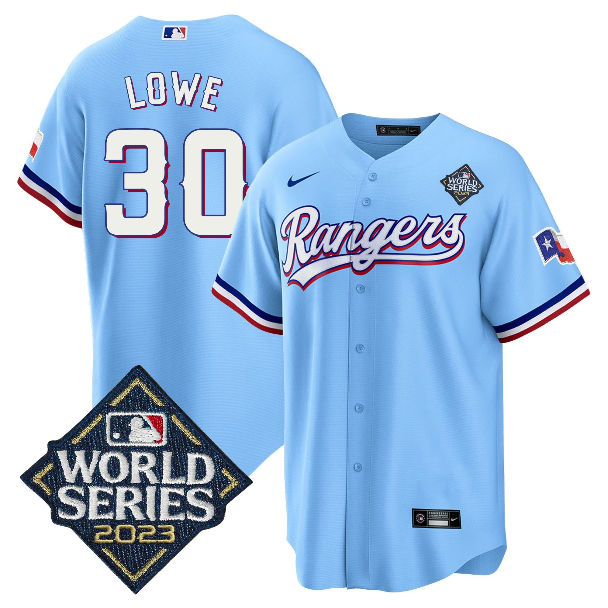 Drinkwearmerch Nathaniel Lowe 30 Texas Rangers 2023 World Series Cool Base Stitched Baseball Jersey - Blue
