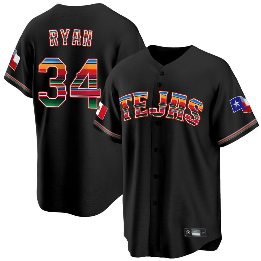 Drinkwearmerch Nolan Ryan 34 Texas Rangers Mexican Collection Baseball Men Jersey - Black