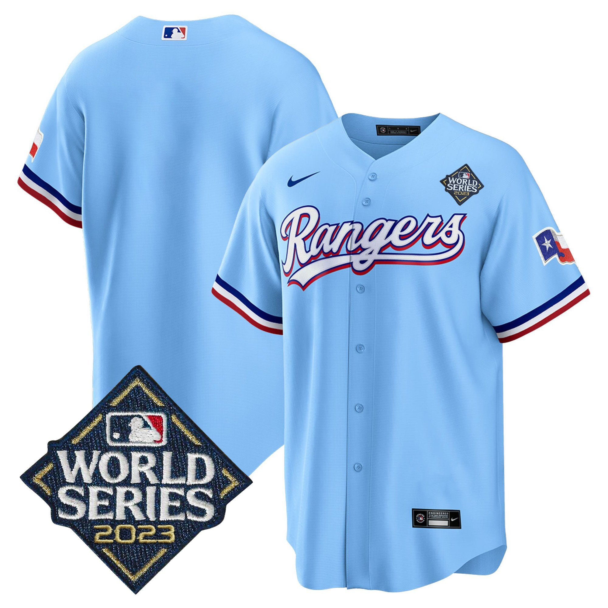 Drinkwearmerch Texas Rangers 2023 World Series Cool Base Stitched Baseball Jersey - Blue