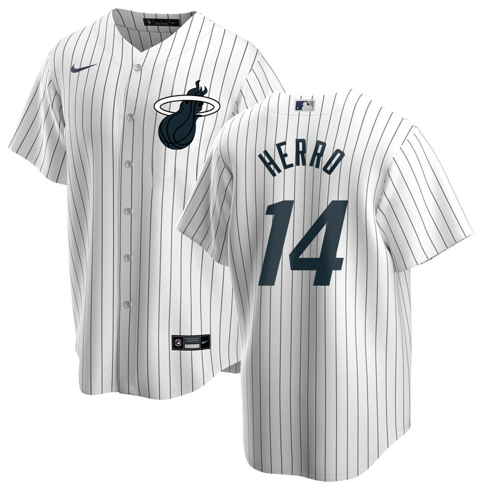 Drinkwearmerch Tyler Herro 14 Miami Heat x NY Yankees Baseball Men Jersey - White